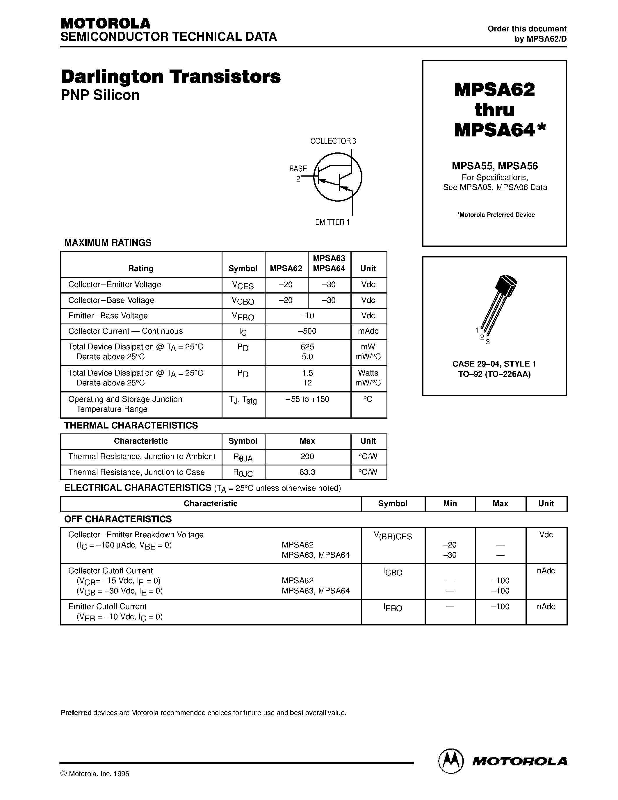 Datasheet MPSA63 - Darlington Transistors(PNP Silicon) page 1