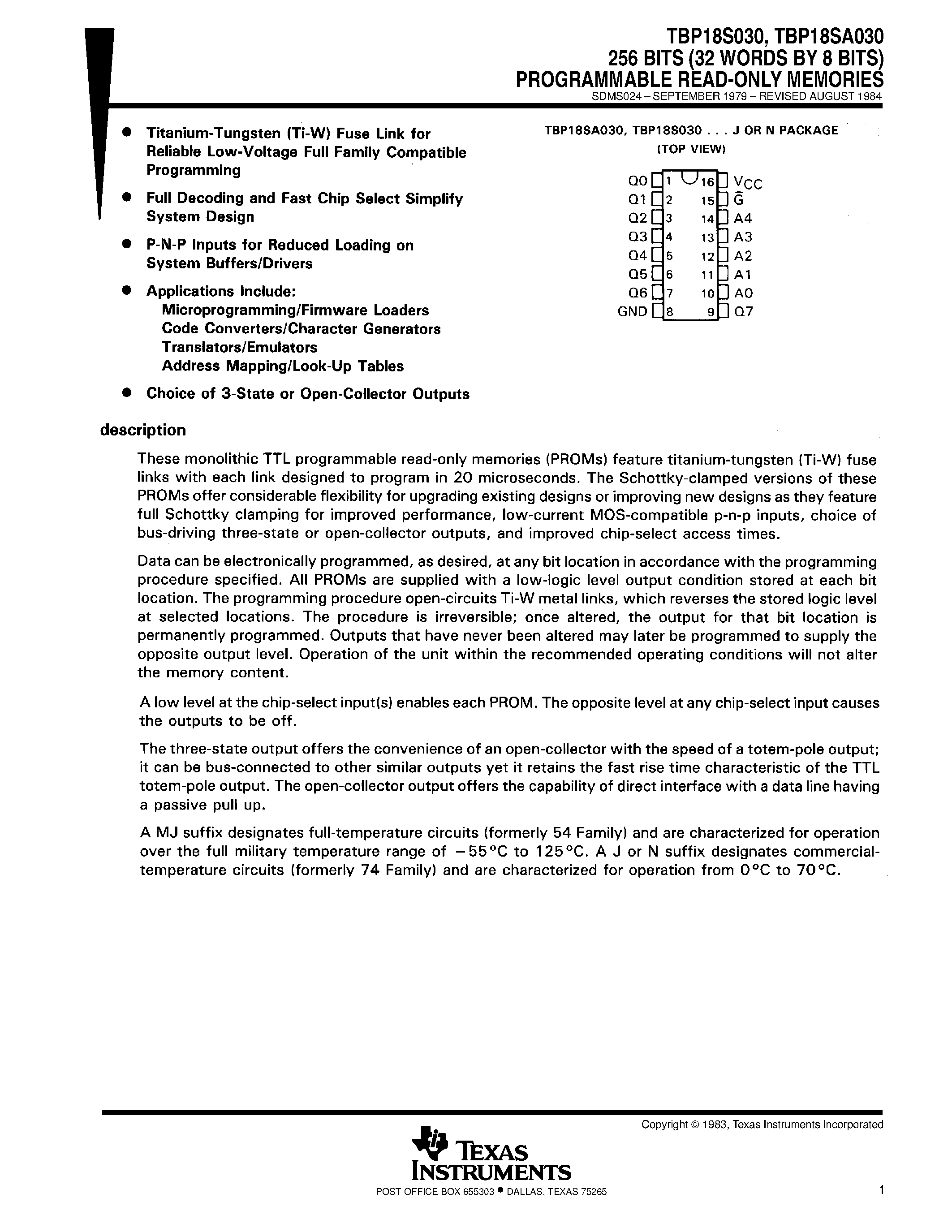 Даташит TBP18S030 - 256 BITS (32 WORDS BY 8 BITS) PROGRAMMABLE READ-ONLY MEMORIES страница 1