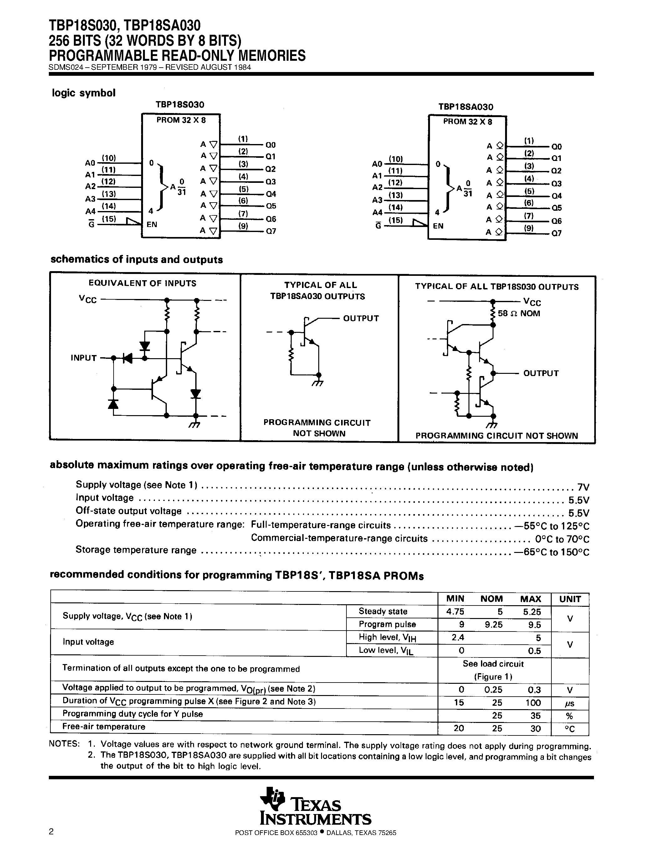 Даташит TBP18S030 - 256 BITS (32 WORDS BY 8 BITS) PROGRAMMABLE READ-ONLY MEMORIES страница 2