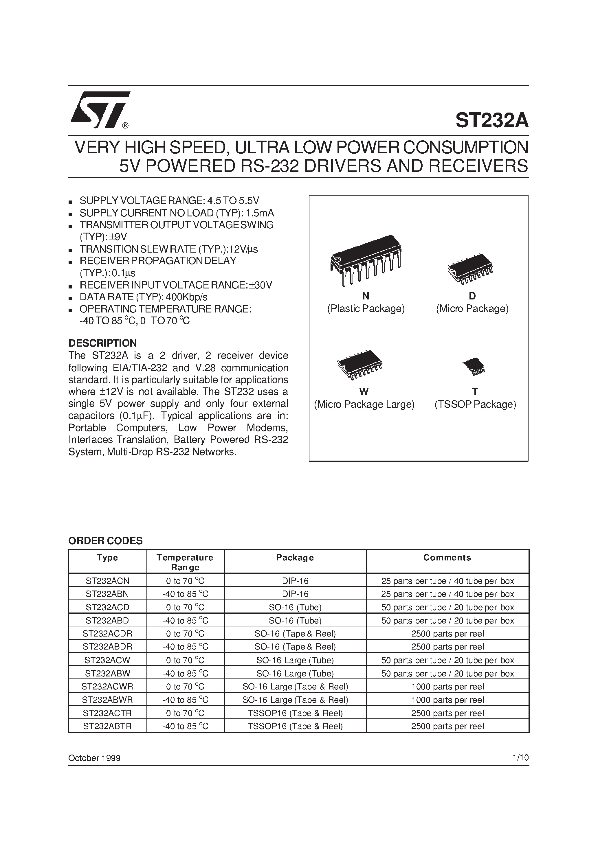 Datasheet ST232A page 1 Datasheet ST232A - ULTRA LOWPOWERCONSUMPTION 5V POWERED RS-232 DRIVERS AND RECEIVERS page 1