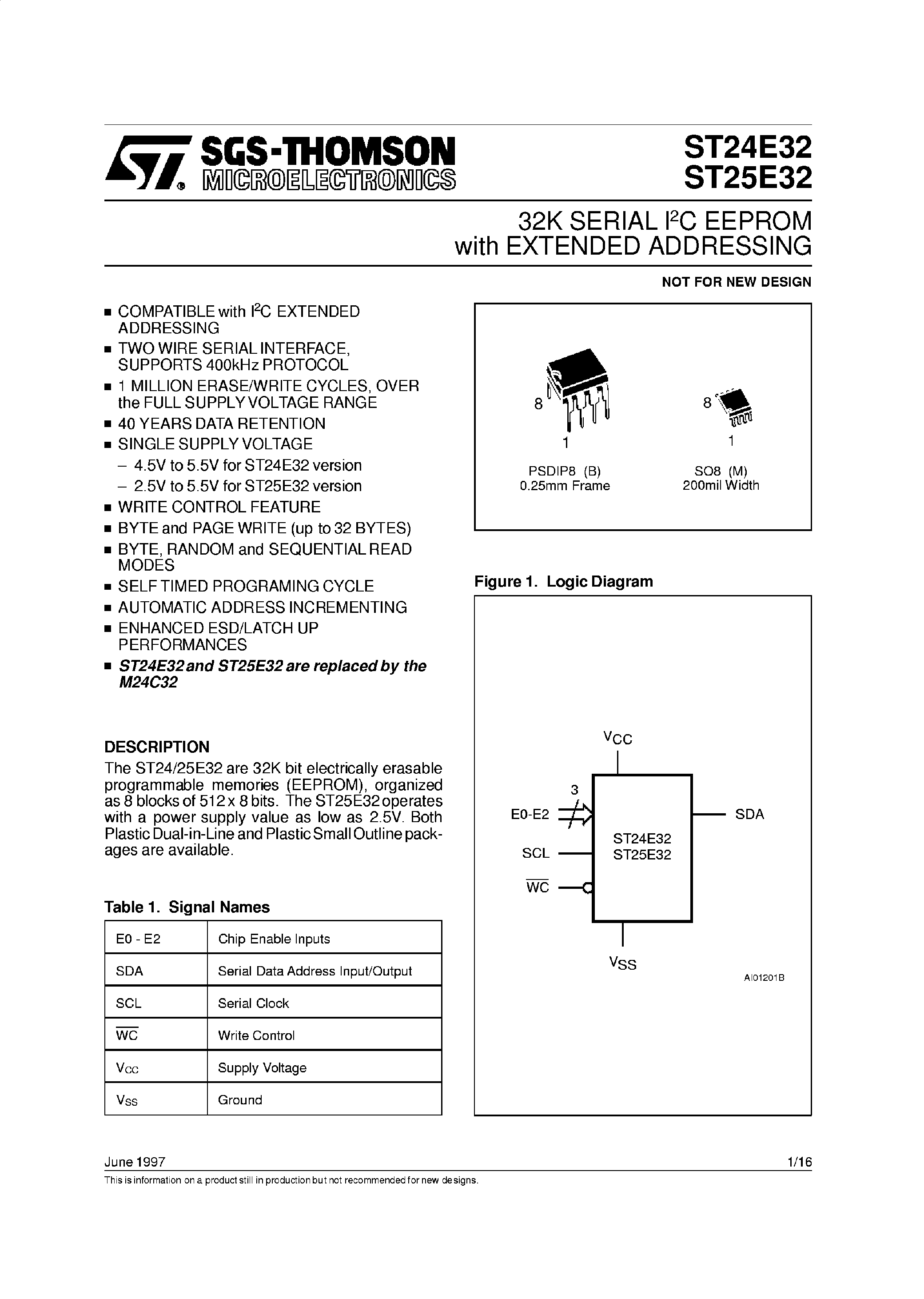 Datasheet ST24E32 page 1 Datasheet ST24E32 - 32K Serial IC EEPROM page 1