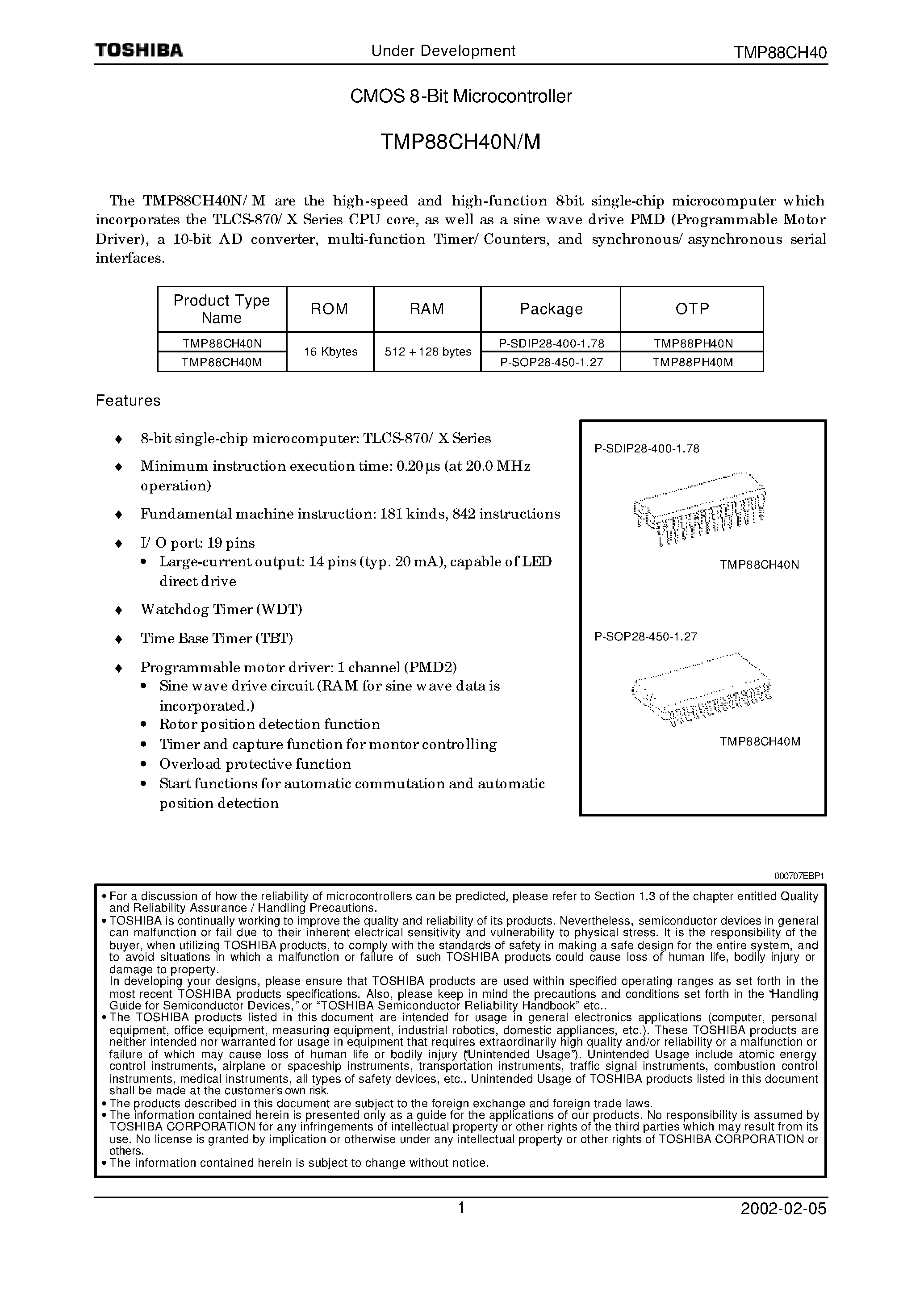 Datasheet TMP88CH40 page 1 Datasheet TMP88CH40 - CMOS 8-Bit Microcontroller page 1