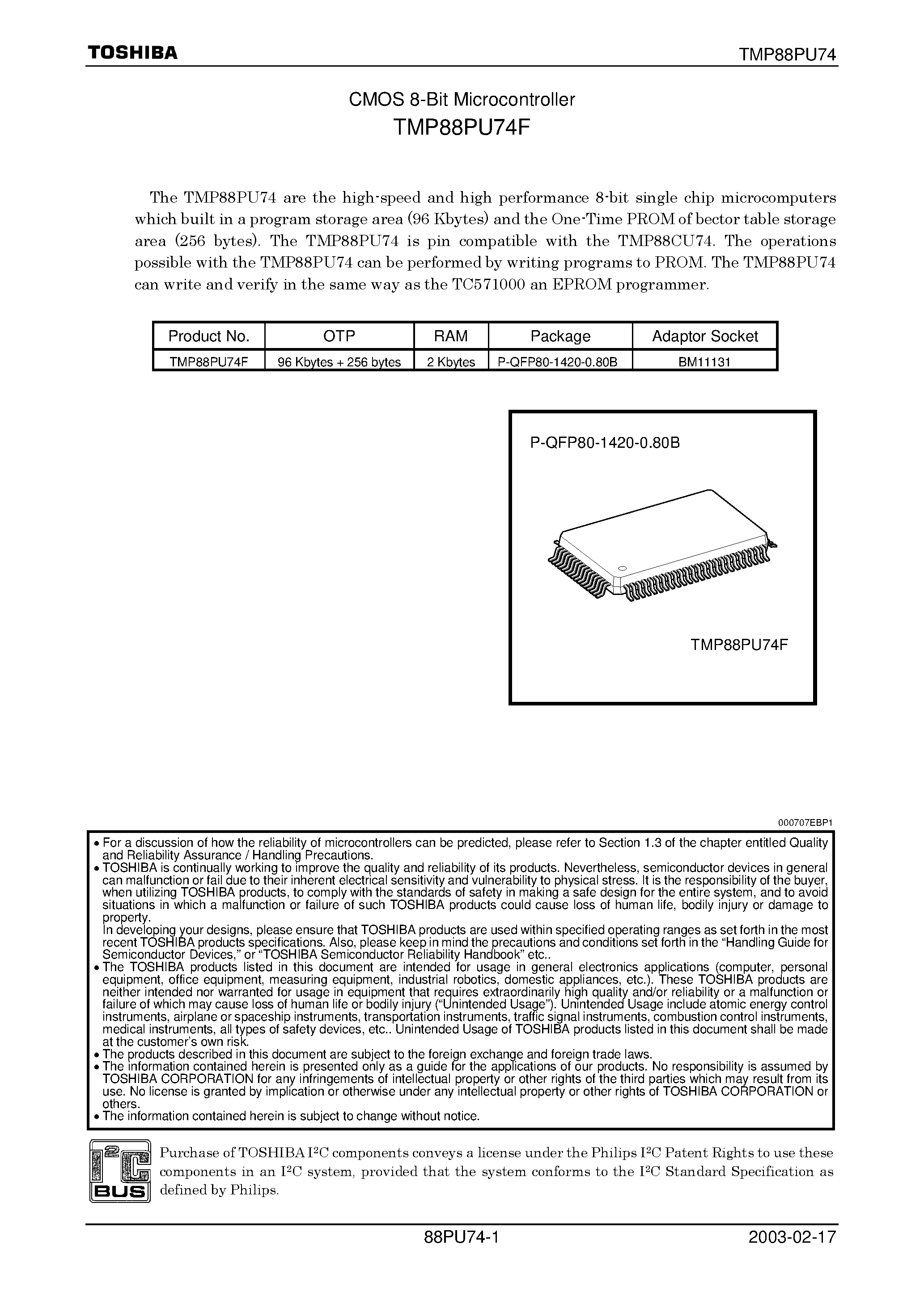 Datasheet TMP88PU74F - CMOS 8-Bit Microcontroller page 1