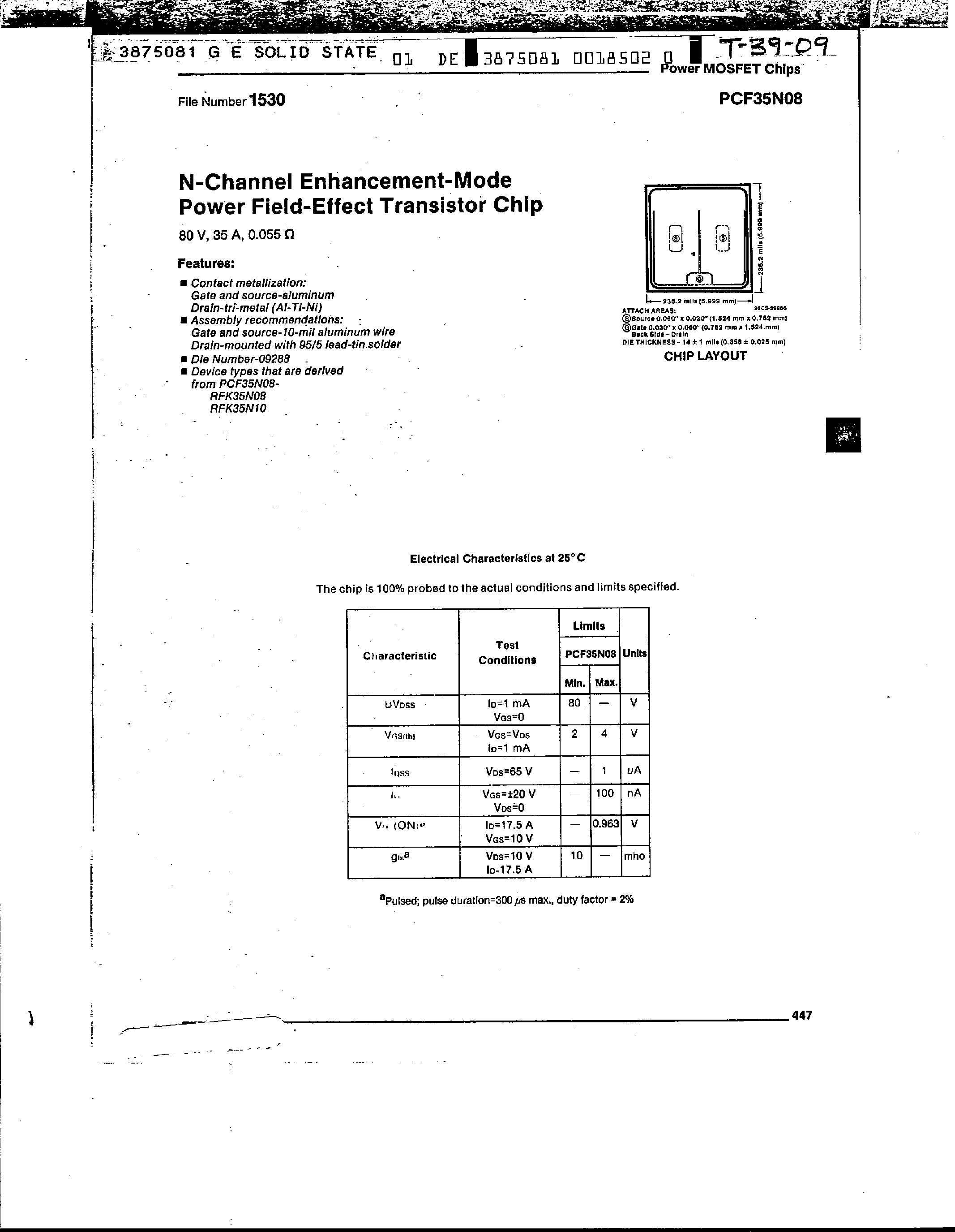 Datasheet PCF35N08 - N Channel Enhancement Mode Power Field Effect Transister Chip page 1