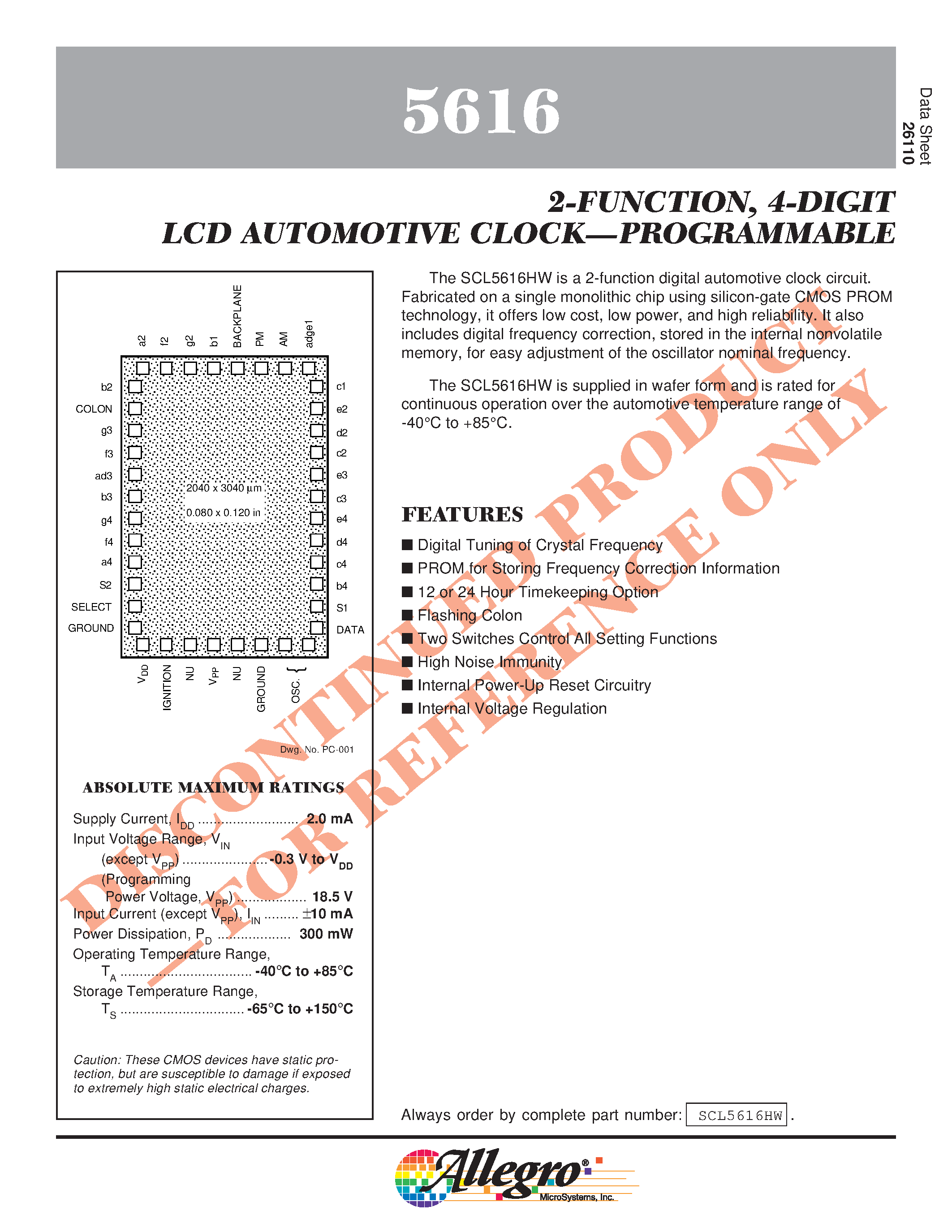 Datasheet SCL5616 page 1 Datasheet SCL5616 - 2-FUNCTION / 4-DIGIT LCD AUTOMOTIVE CLOCK PROGRAMMABLE page 1