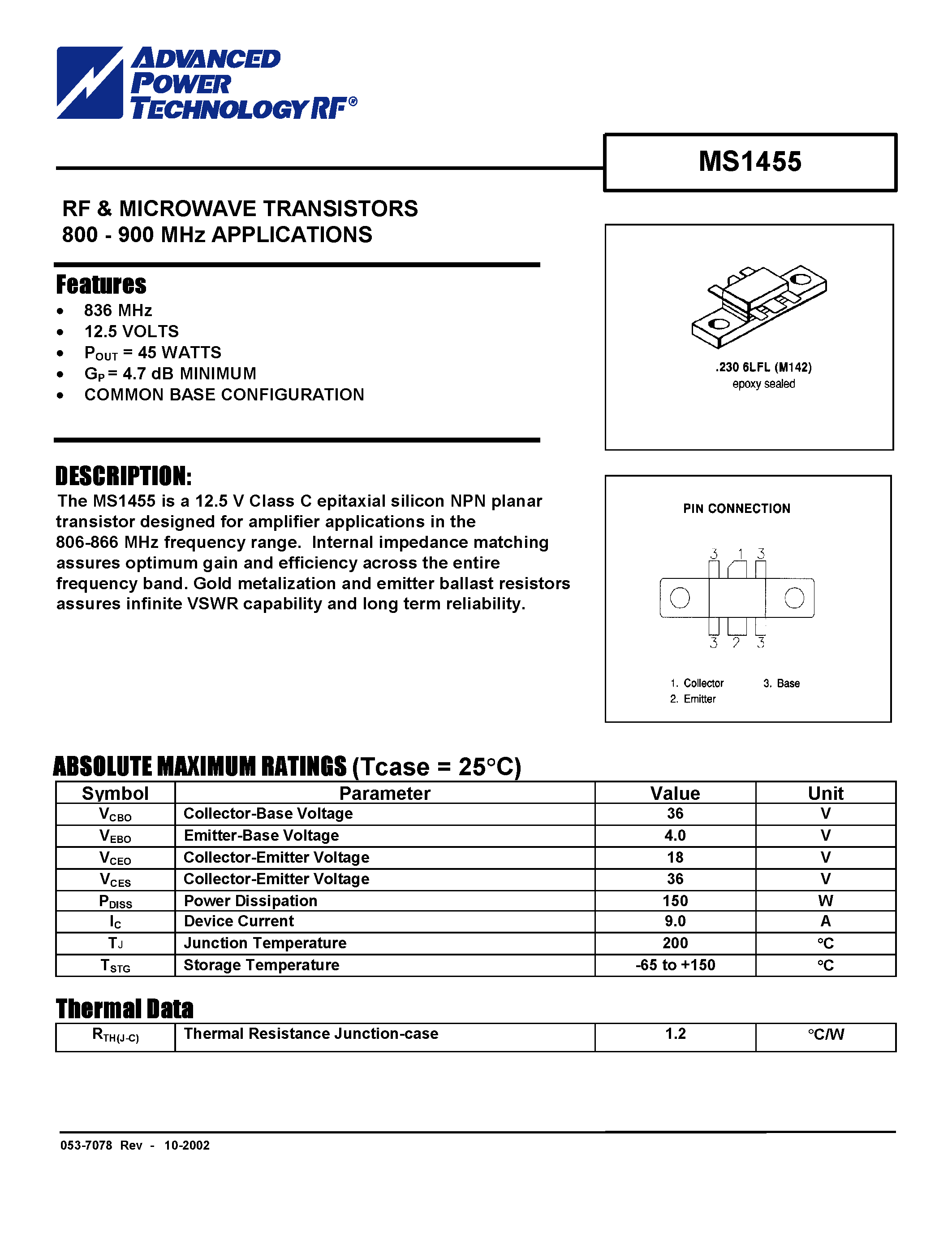 Datasheet MS1455 - RF & MICROWAVE TRANSISTORS 800 - 900 MHz APPLICATIONS page 1