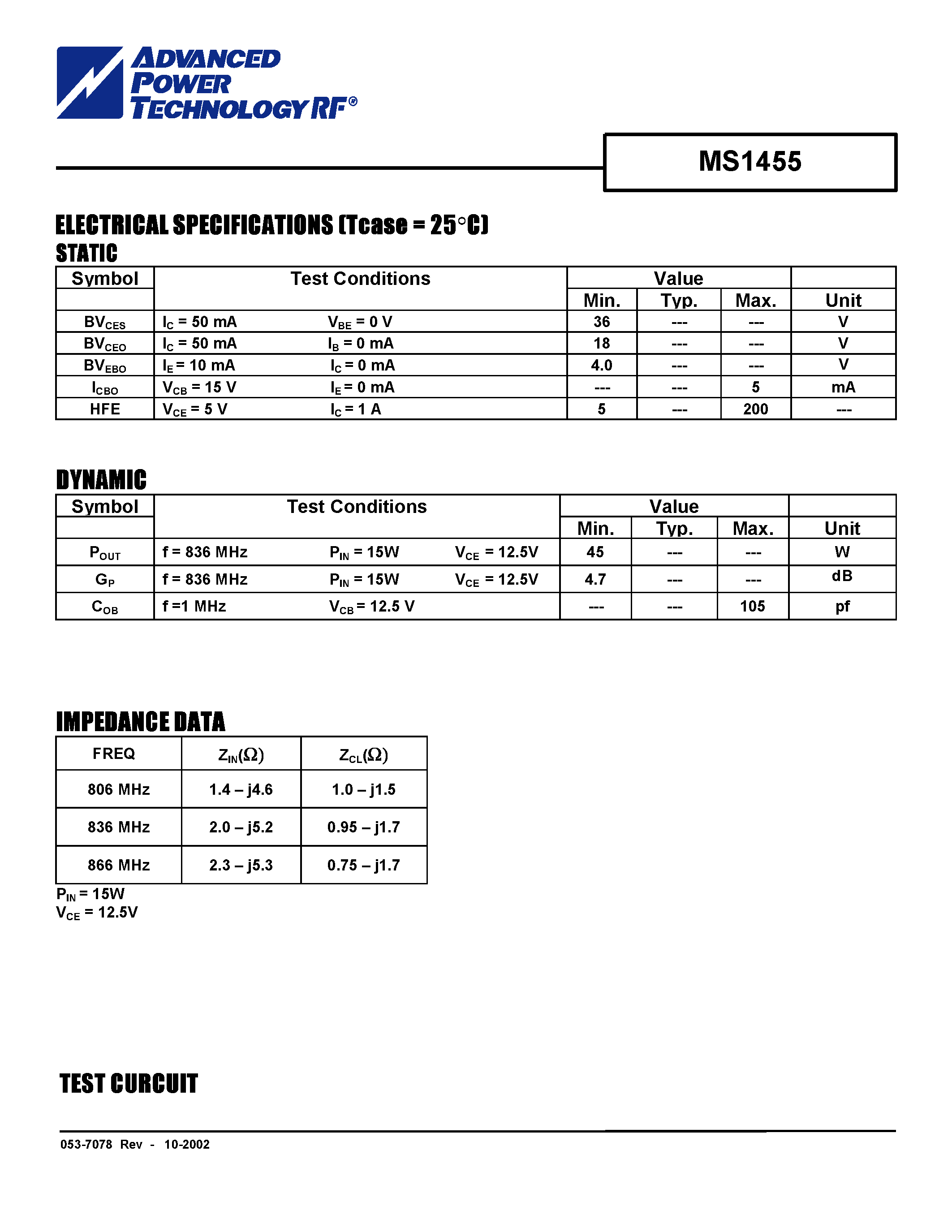 Datasheet MS1455 - RF & MICROWAVE TRANSISTORS 800 - 900 MHz APPLICATIONS page 2
