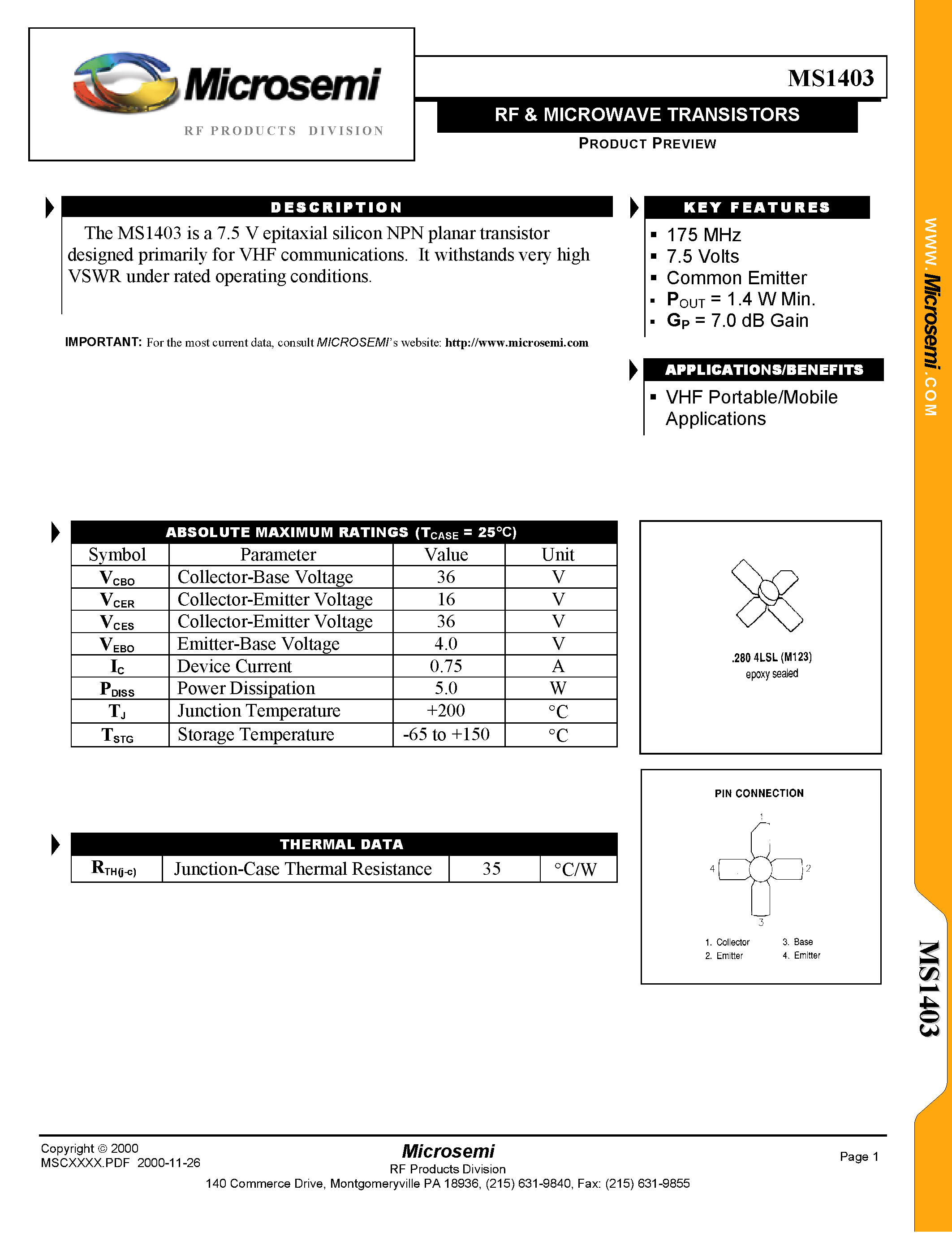 Datasheet MS1403 - RF & MICROWAVE TRANSISTORS page 1