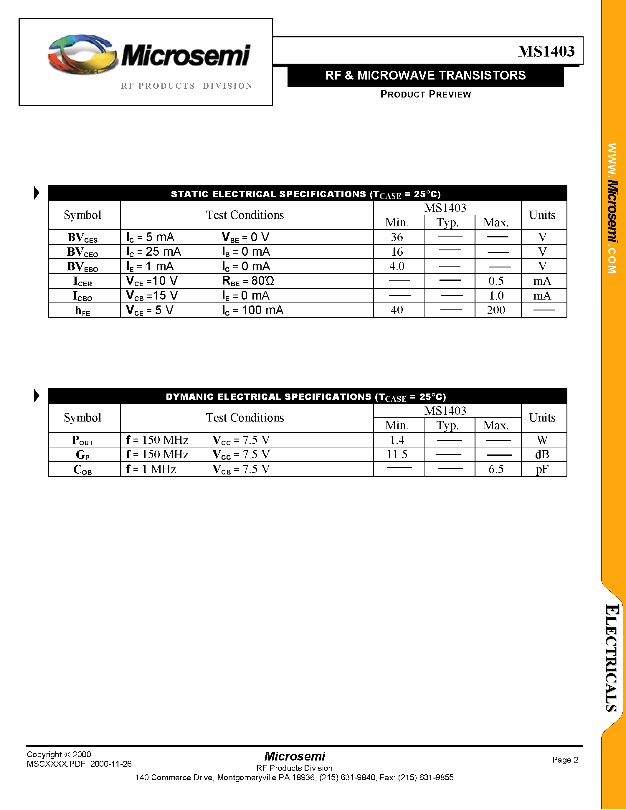 Datasheet MS1403 - RF & MICROWAVE TRANSISTORS page 2