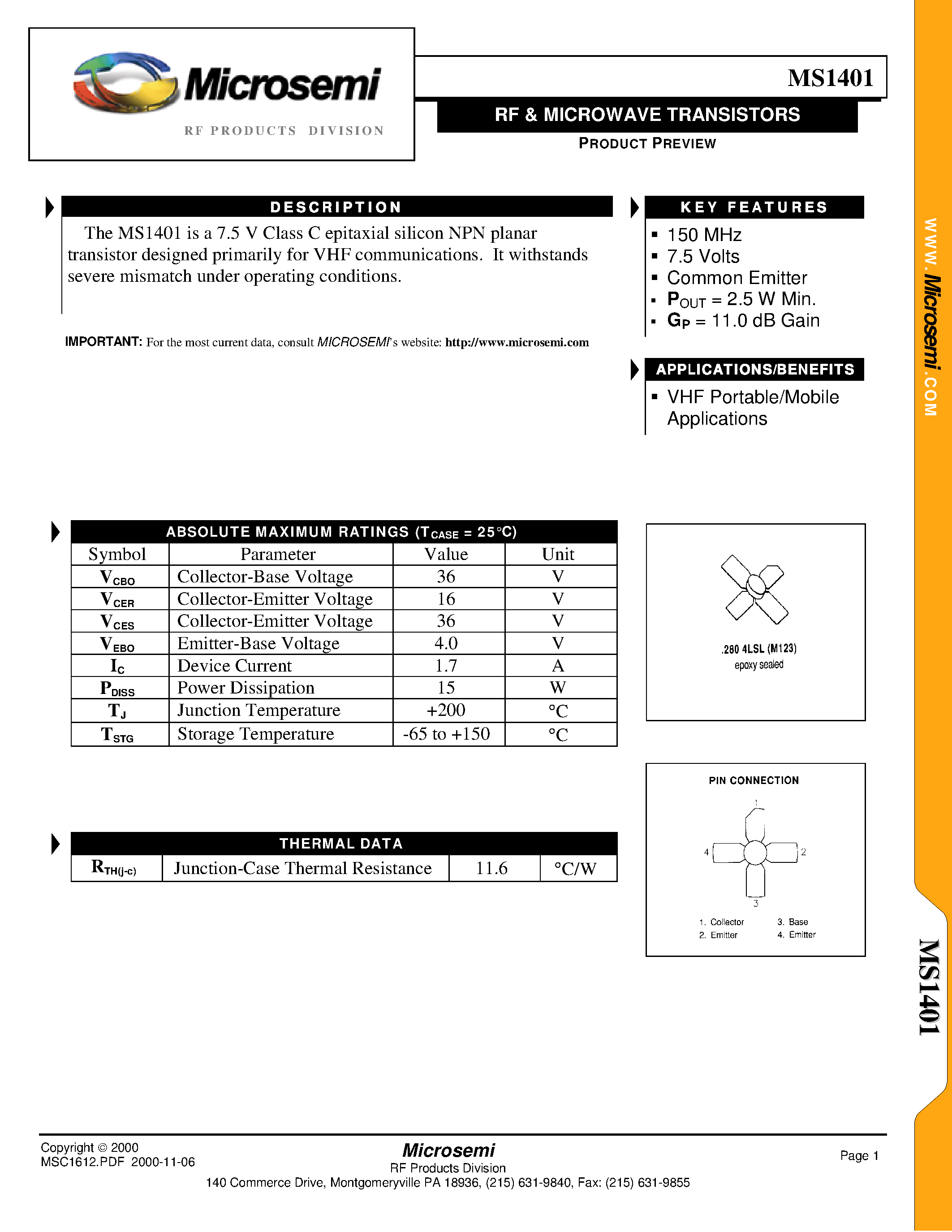 Datasheet MS1401 - RF & MICROWAVE TRANSISTORS page 1