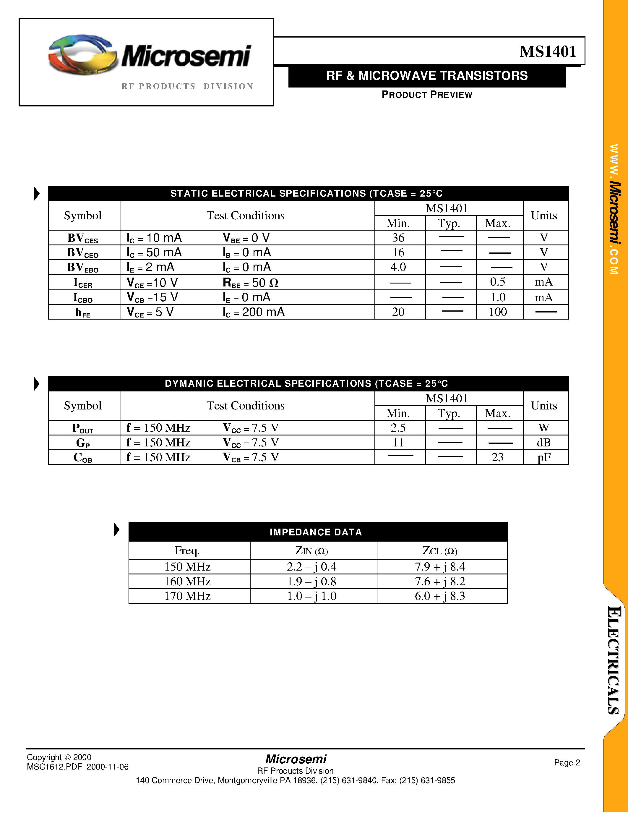 Datasheet MS1401 - RF & MICROWAVE TRANSISTORS page 2