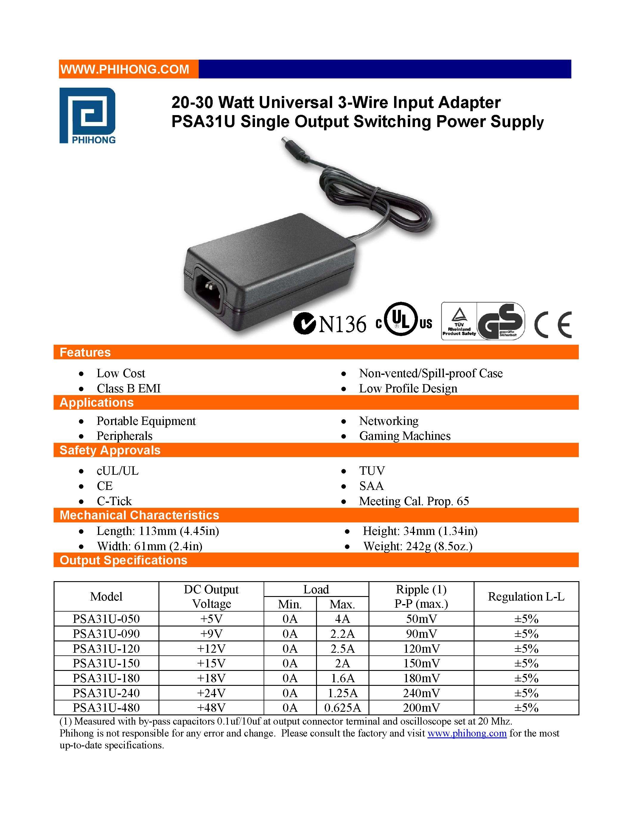 Datasheet PSA31U-xxx - 20-30 Watt Universal 3 Wire Input Adapter / Power Supply page 1