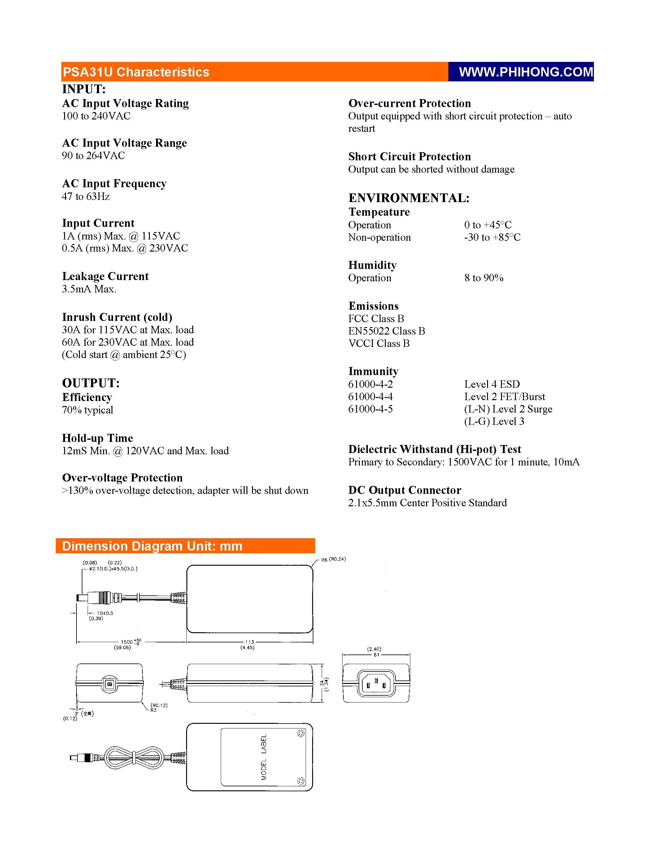 Datasheet PSA31U-xxx - 20-30 Watt Universal 3 Wire Input Adapter / Power Supply page 2