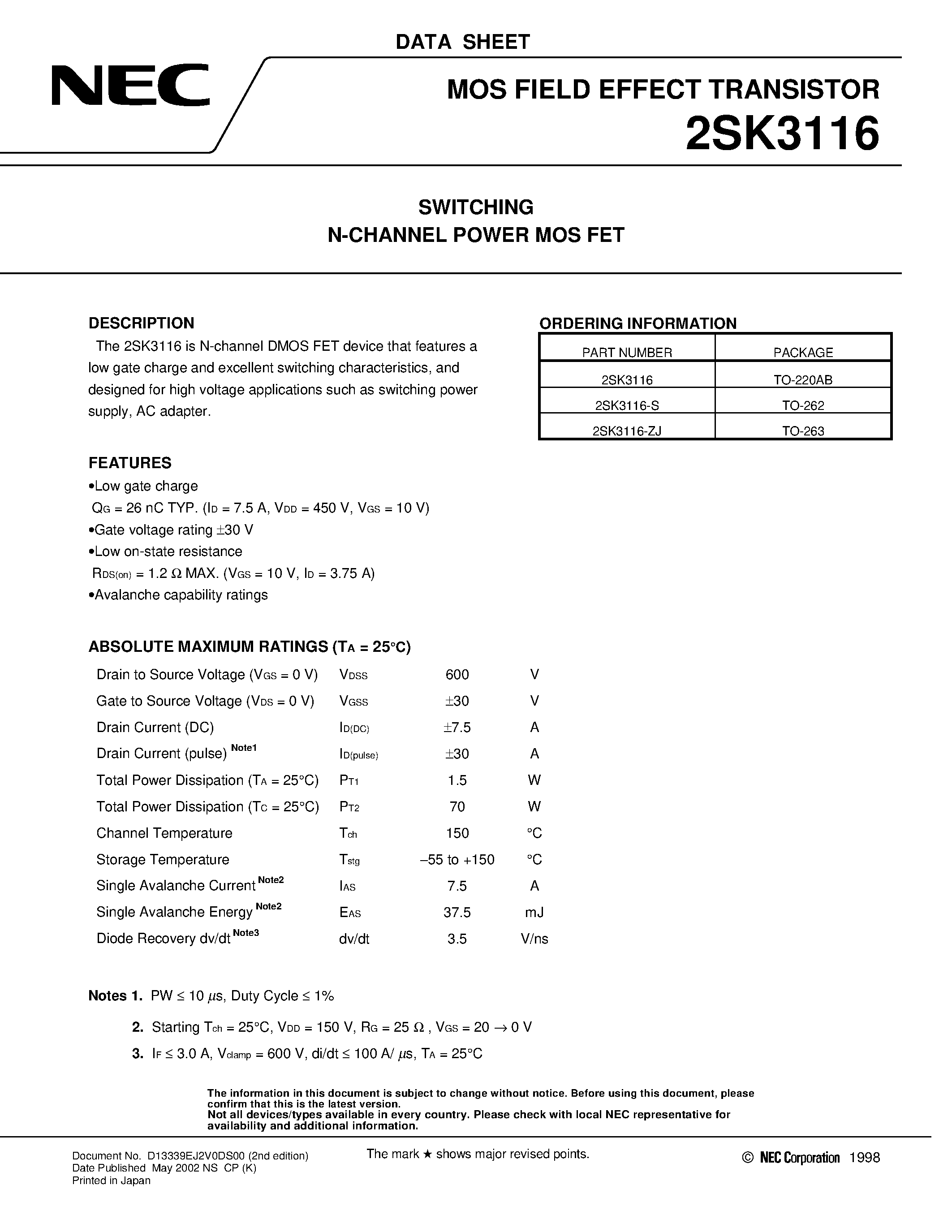 Datasheet 2SK3116 - SWITCHING N-CHANNEL POWER MOS FET page 1