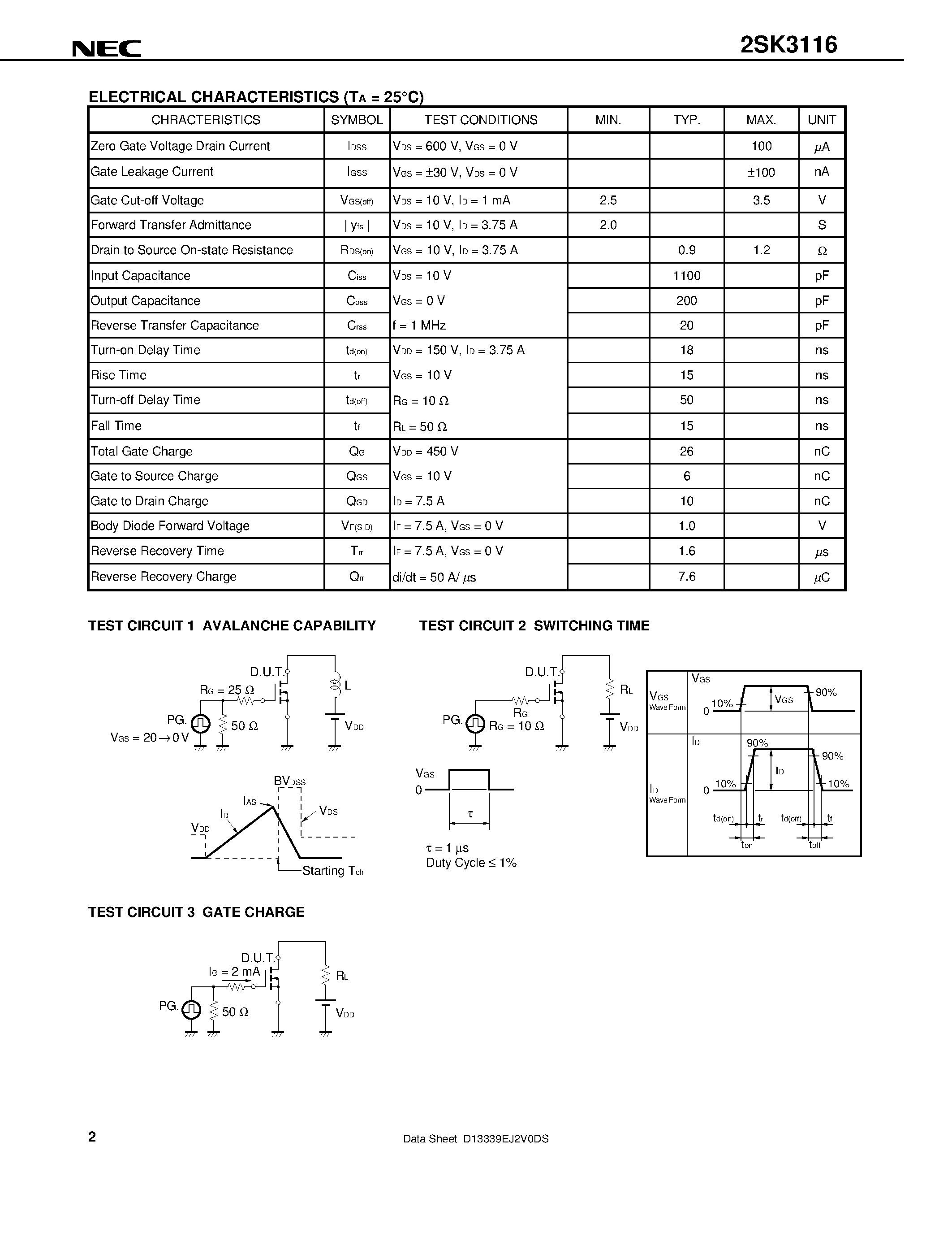 Datasheet 2SK3116 - SWITCHING N-CHANNEL POWER MOS FET page 2
