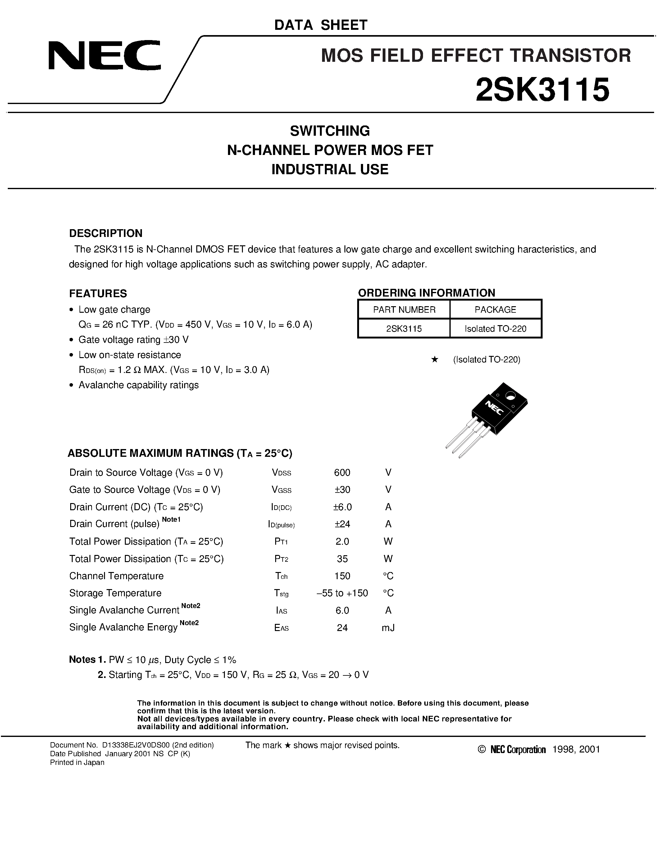 Datasheet 2SK3115 - SWITCHING N-CHANNEL POWER MOS FET INDUSTRIAL USE page 1