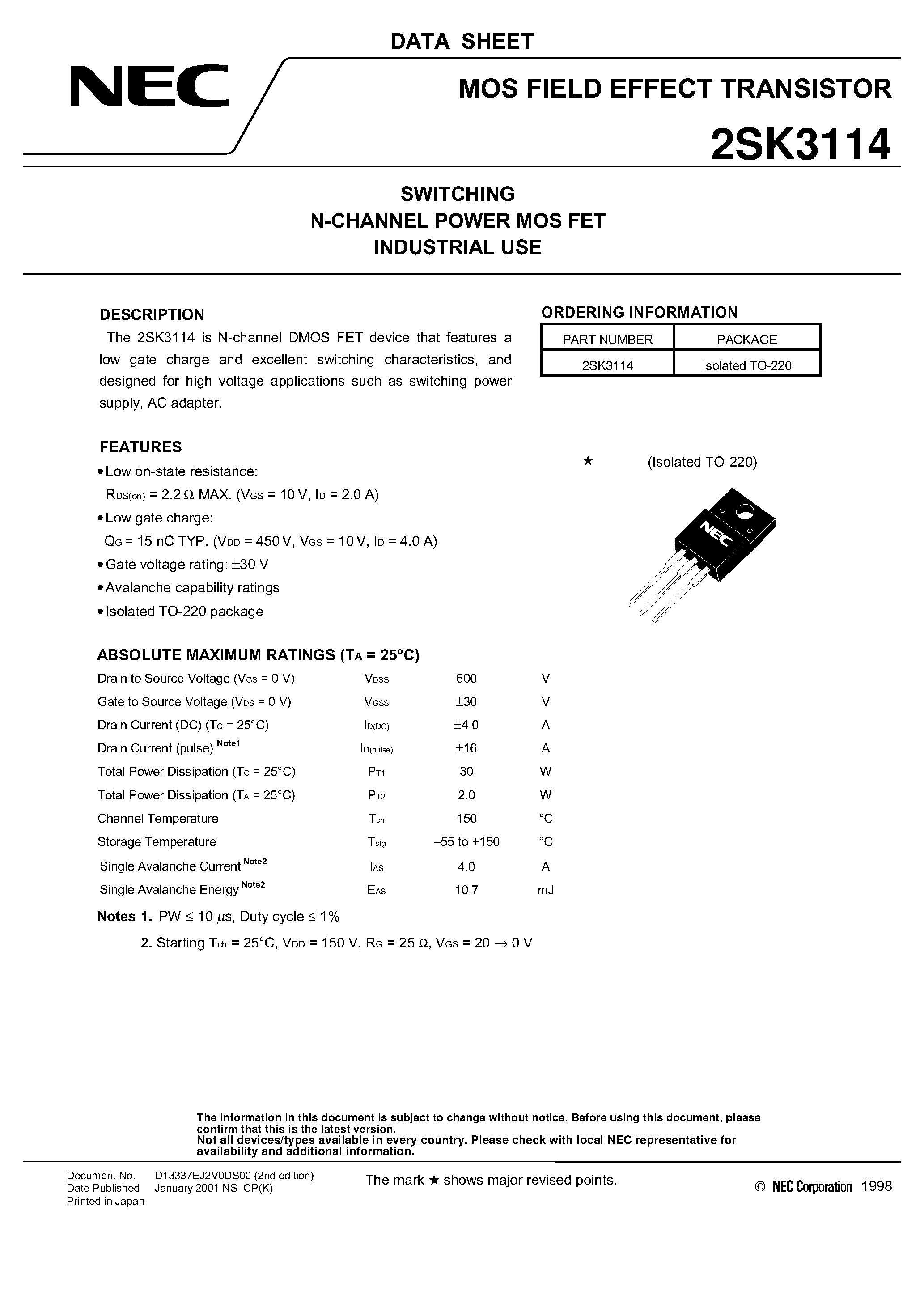 Datasheet 2SK3114 page 1 Datasheet 2SK3114 - SWITCHING N-CHANNEL POWER MOS FET INDUSTRIAL USE page 1