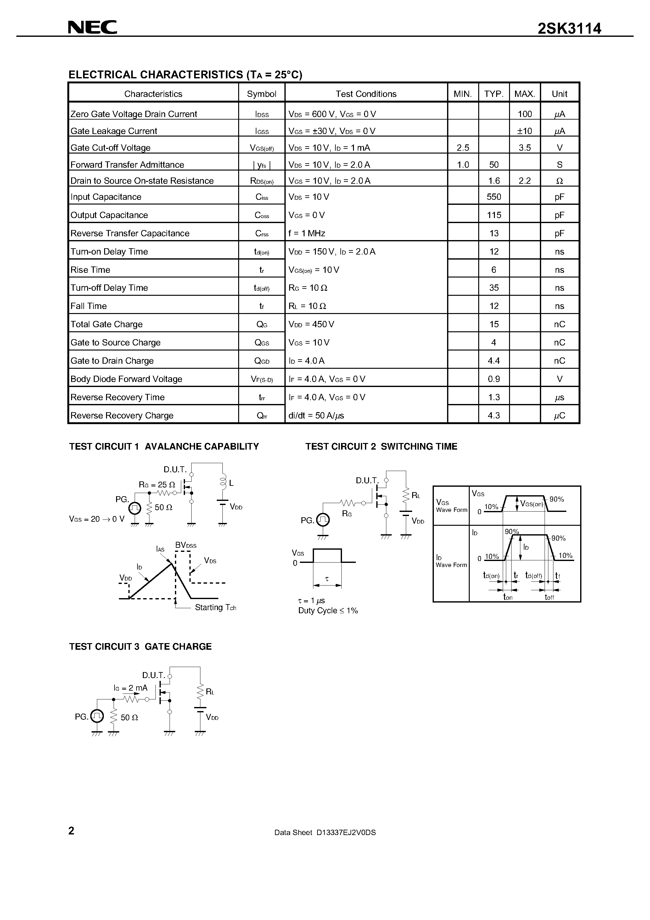 Datasheet 2SK3114 page 2 Datasheet 2SK3114 - SWITCHING N-CHANNEL POWER MOS FET INDUSTRIAL USE page 2