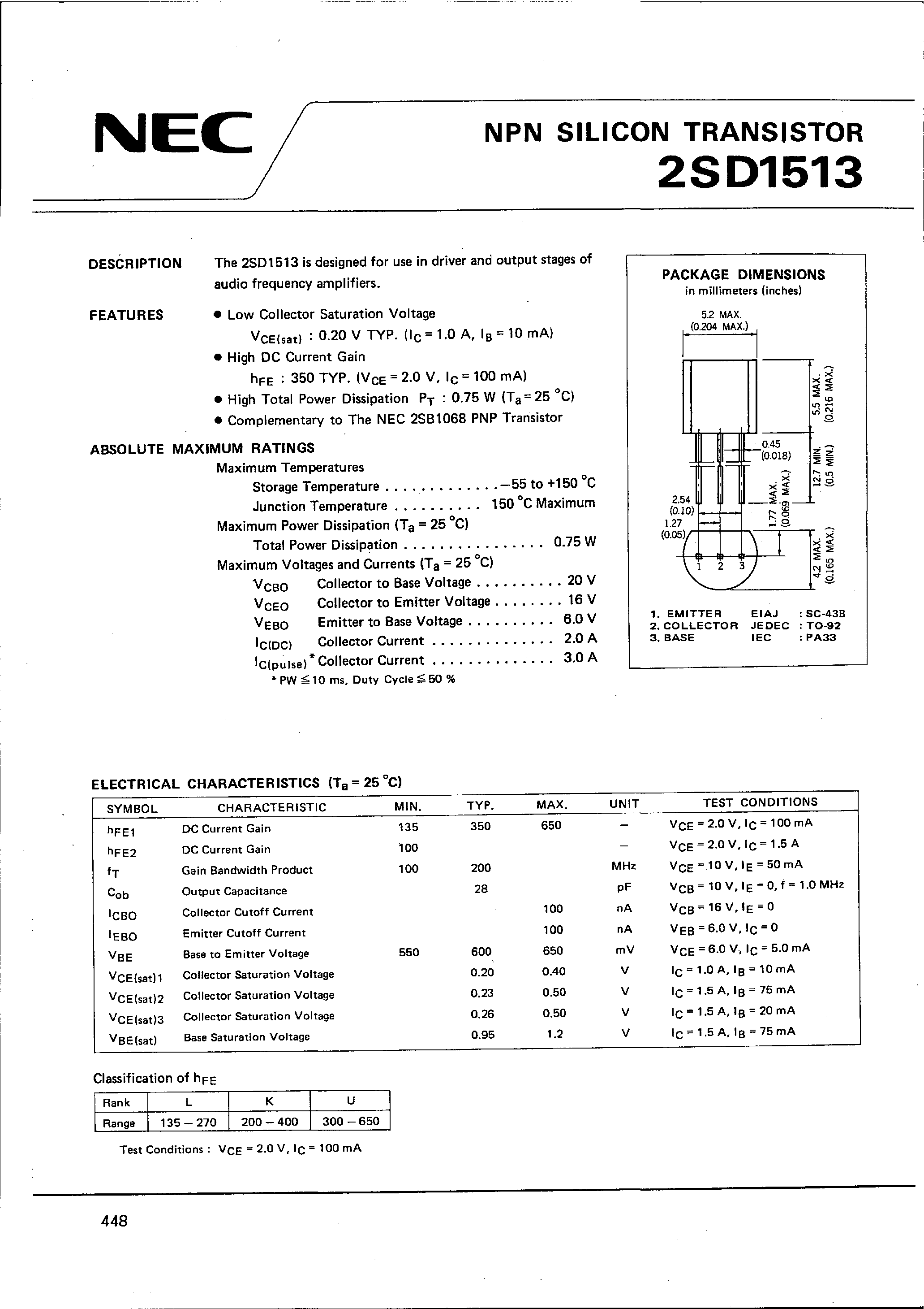 Datasheet 2SD1513 - Driver and output stages of audio frequency amplifiers page 1