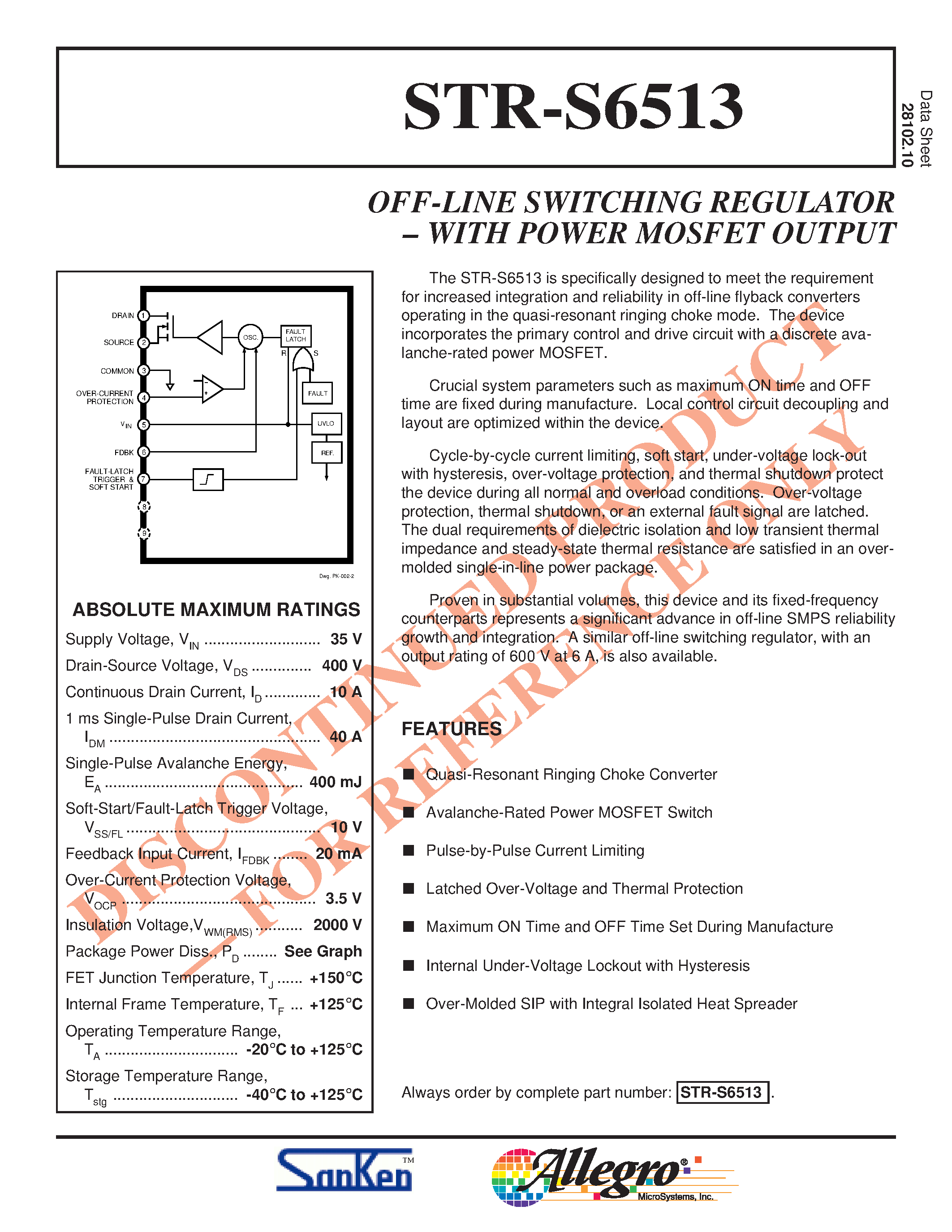 Datasheet STRS6513 page 1 Datasheet STRS6513 - OFF-LINE SWITCHING REGULATOR WITH POWER MOSFET OUTPUT page 1