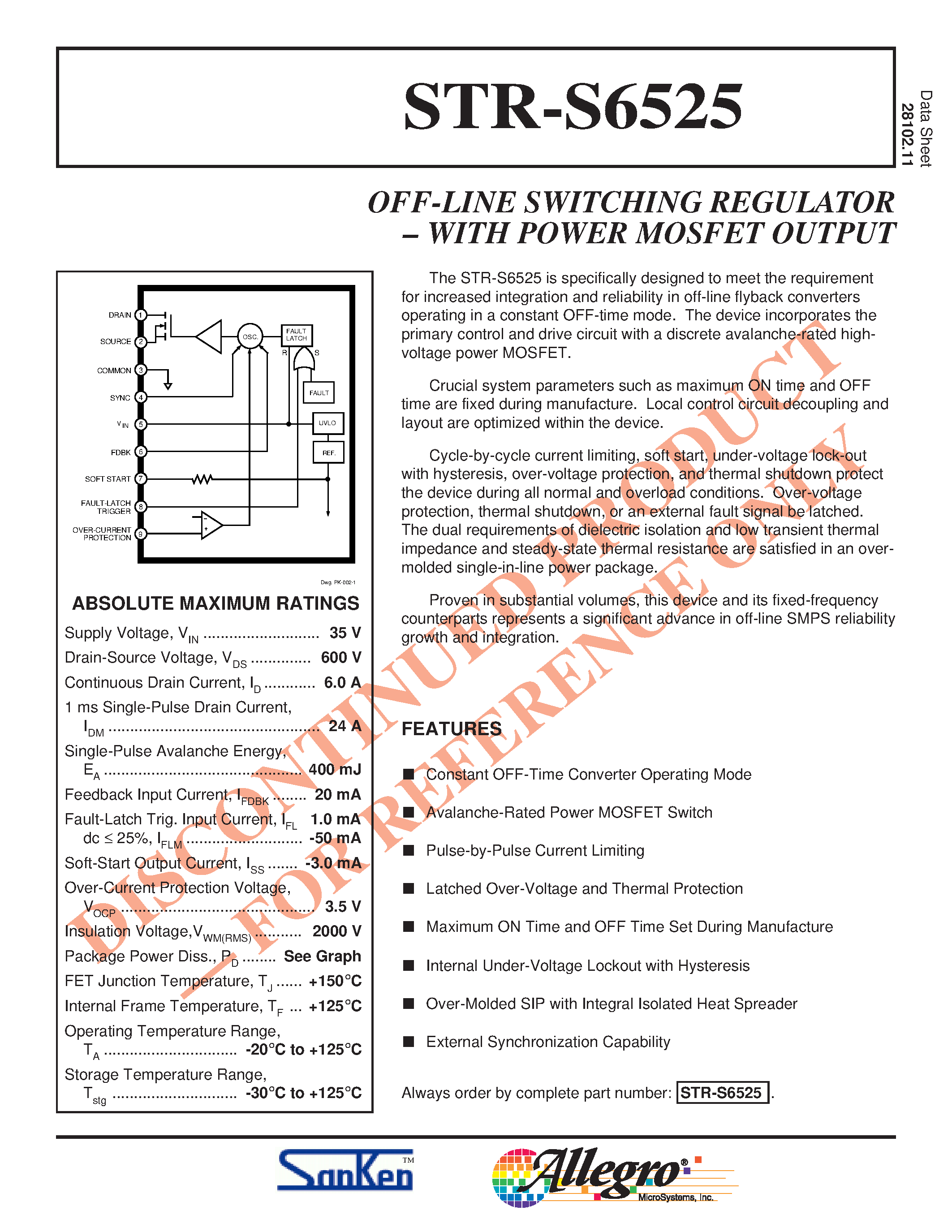 Datasheet STRS6525 page 1 Datasheet STRS6525 - OFF-LINE SWITCHING REGULATOR WITH POWER MOSFET OUTPUT page 1