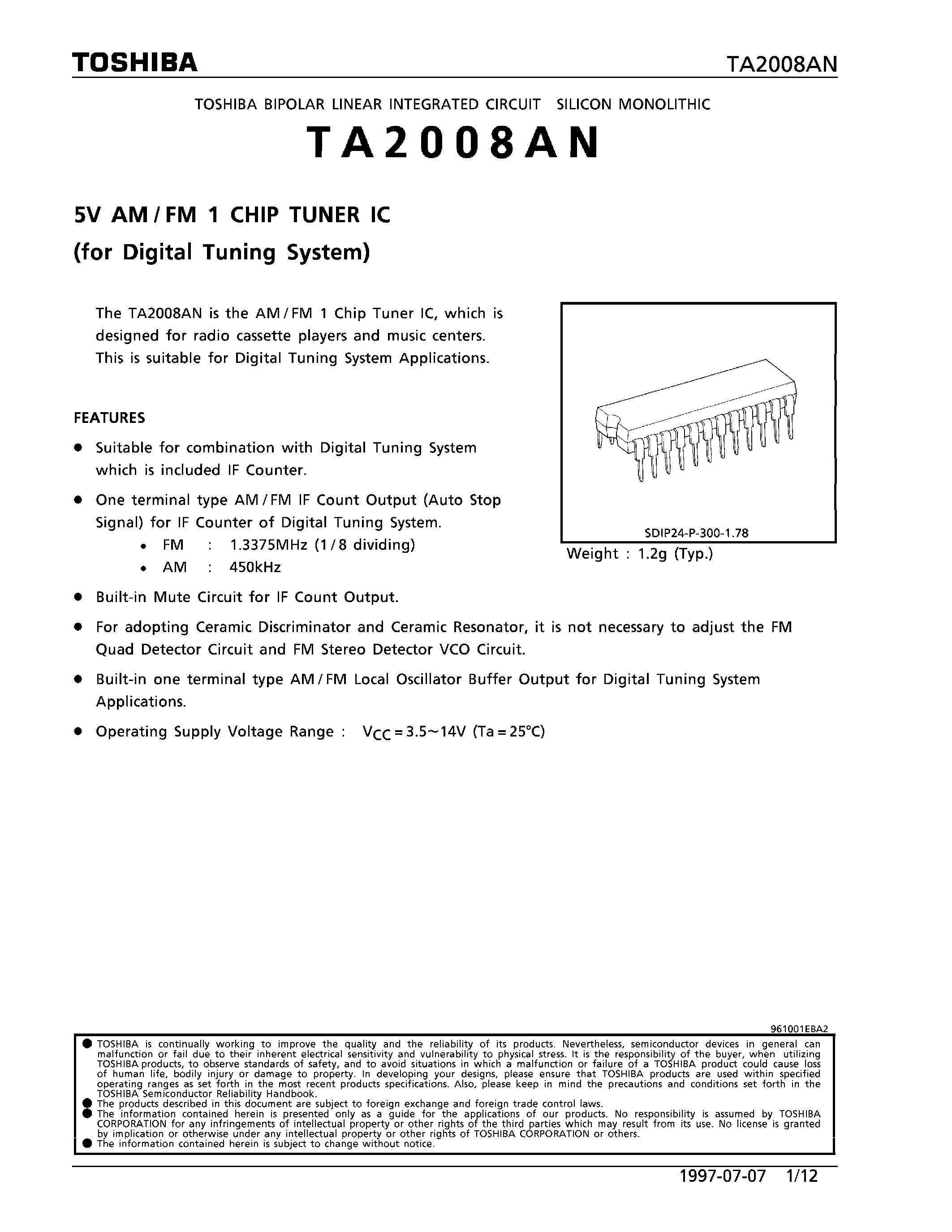 Datasheet TA2008AN - 5V AM/FM 1 CHIP TUNER IC (FOR DIGITAL TUNING SYSTEM) page 1