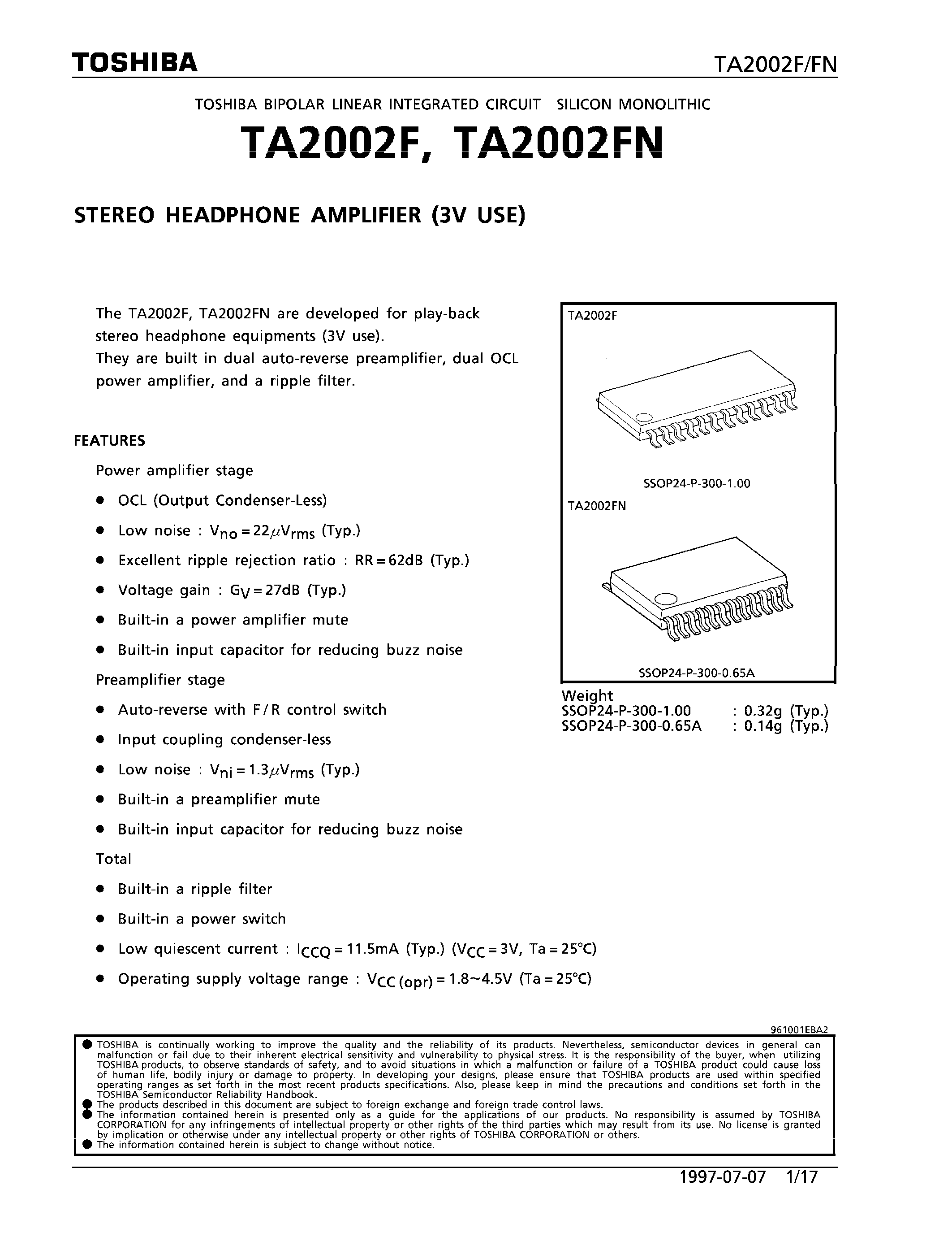 Даташит TA2002 - STEREO HEADPHONE AMPLIFIER (3V USE) страница 1