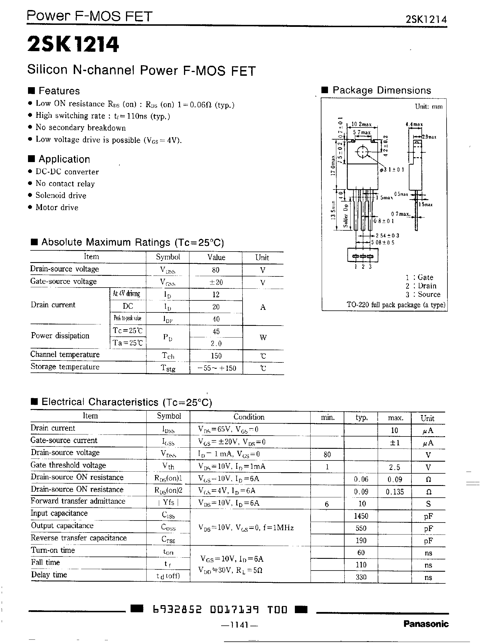 Даташит 2SK1214 - N-CHANNEL SILICON POWER F-MOS FET страница 1
