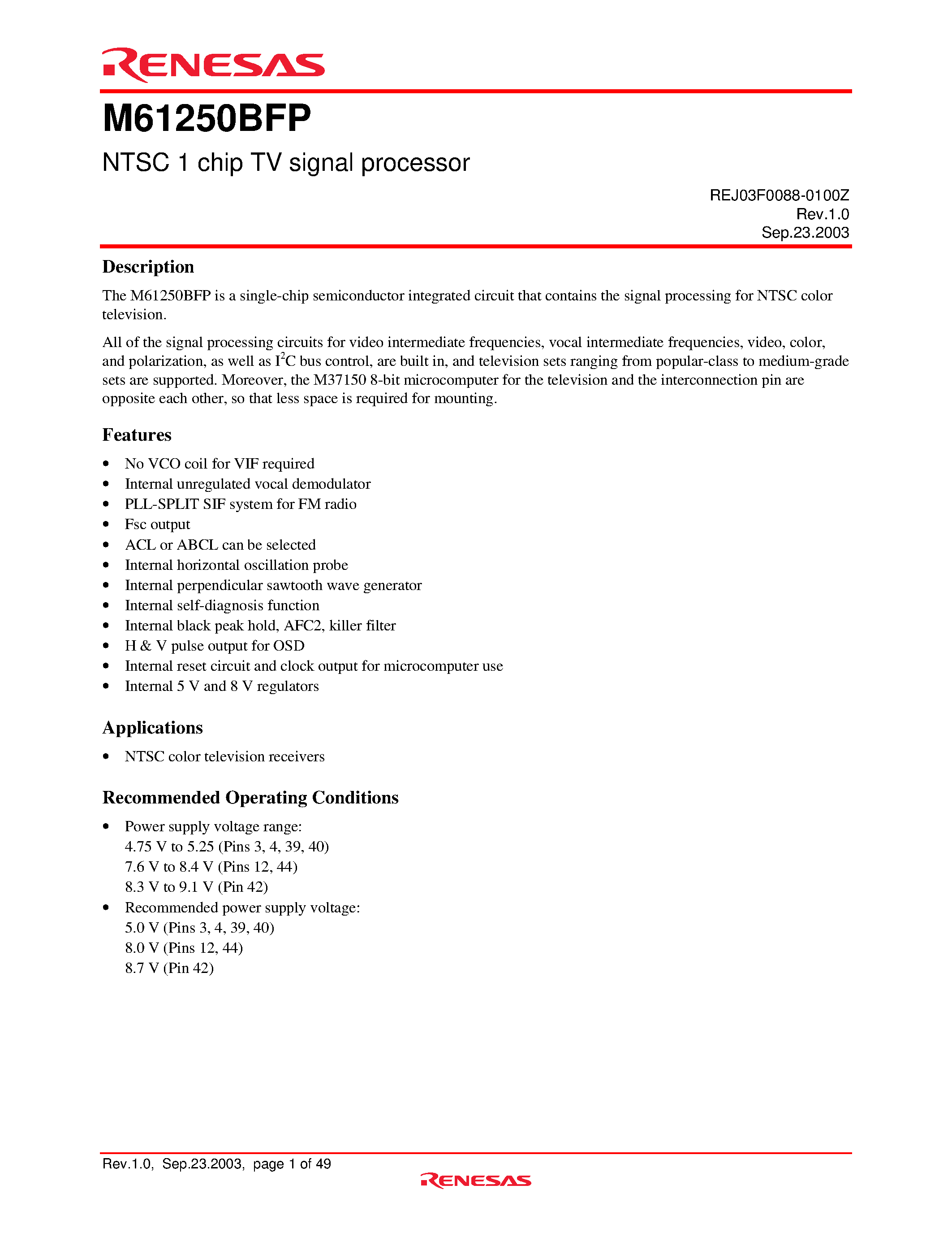Даташит M61250BFP - NTSC 1 chip TV signal processor страница 1