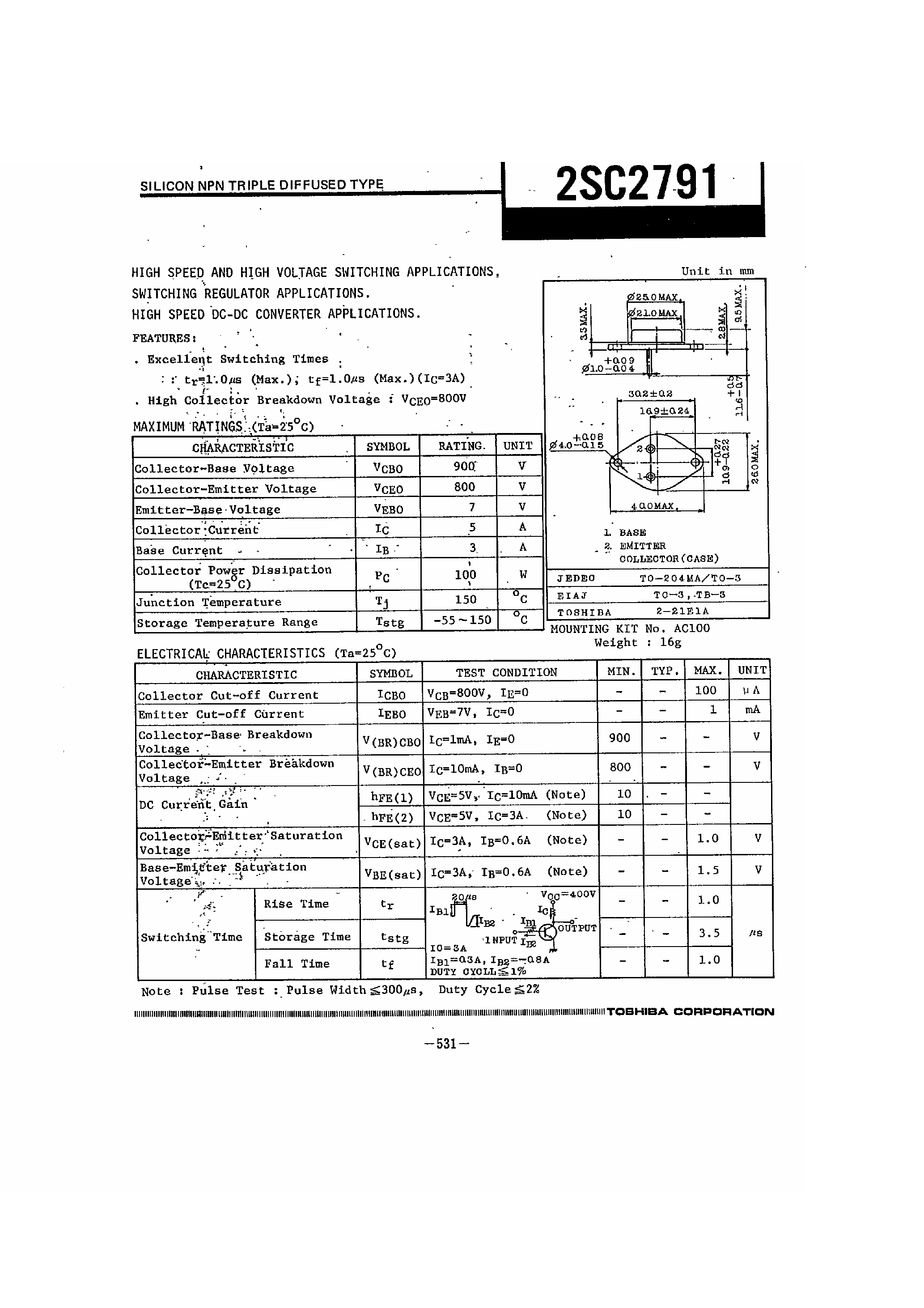 Datasheet 2SC2791 - SILICON NPN TRIPLE DIFFUSED TYPE page 1