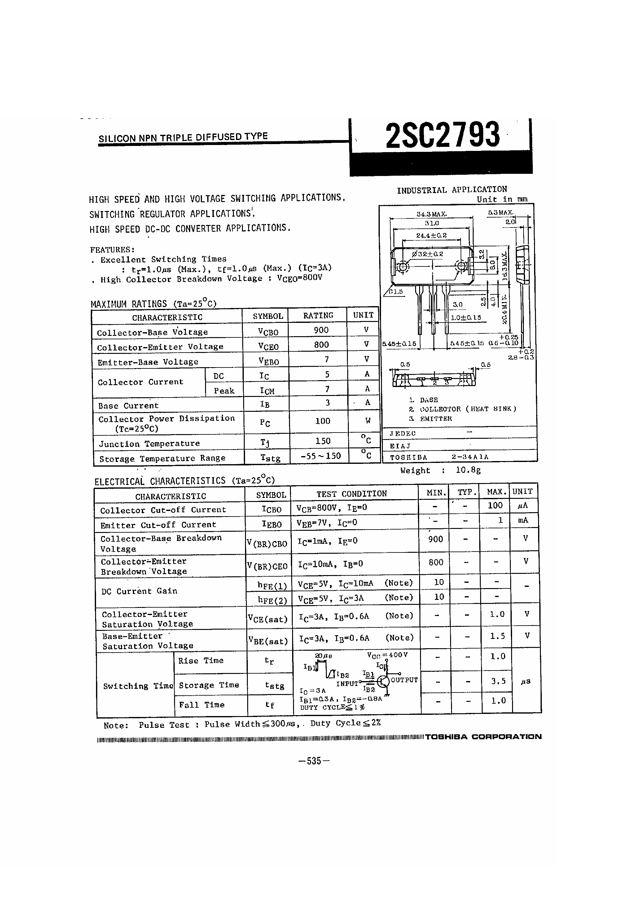 Datasheet 2SC2793 - SILICON NPN TRIPLE DIFFUSED TYPE page 1
