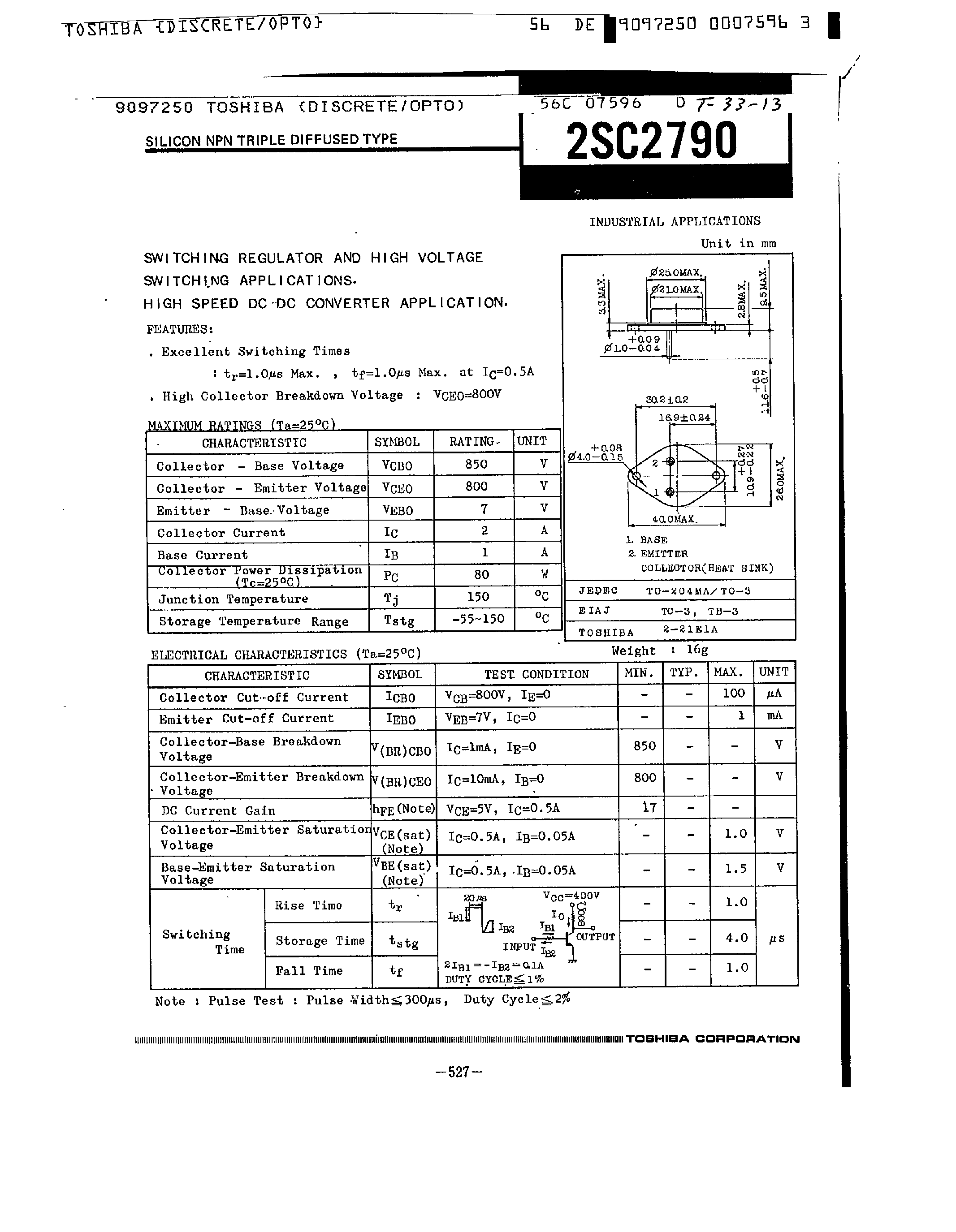 Datasheet 2SC2790 - SILICON NPN TRIPLE DIFFUSED TYPE page 1