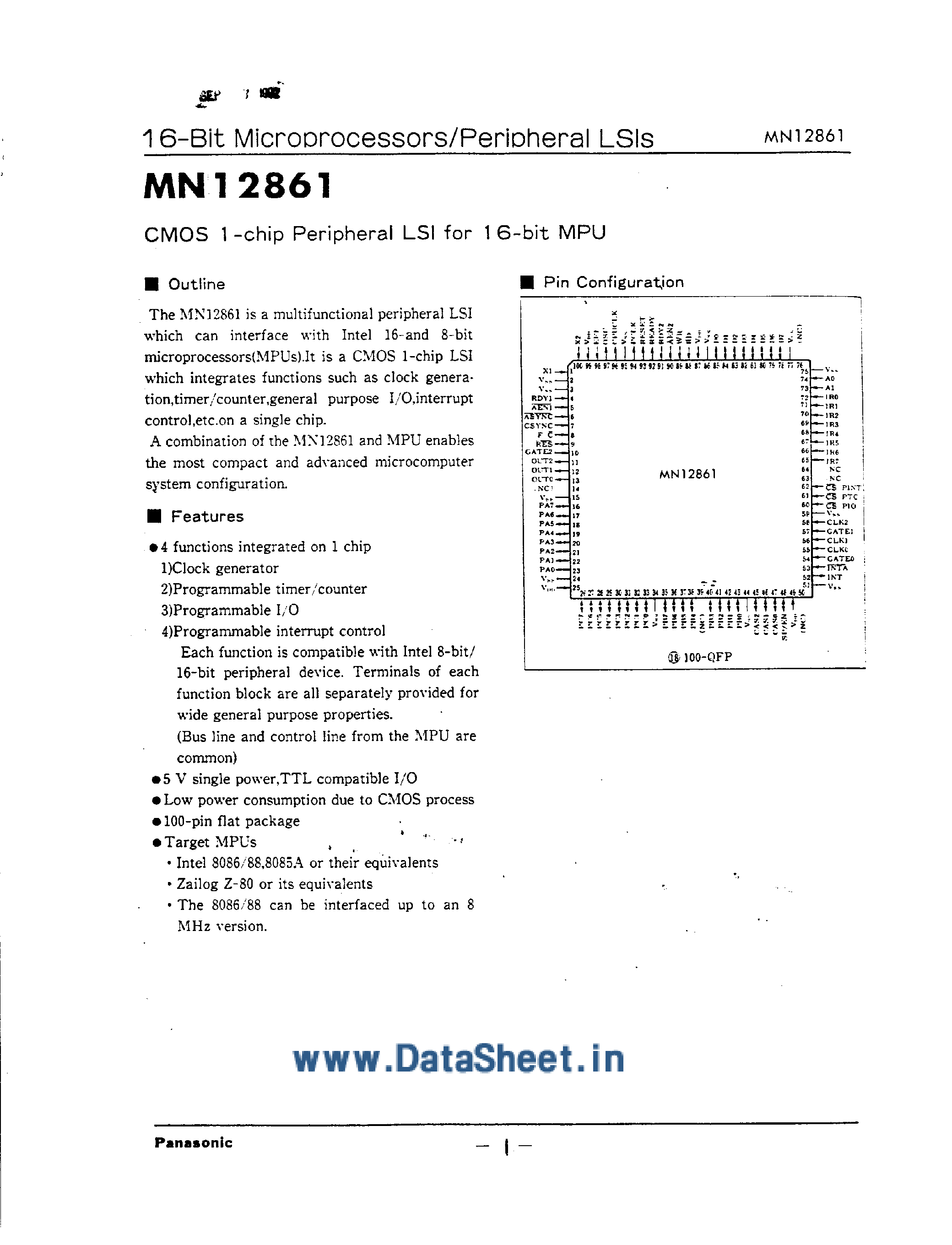 Даташит на микросхему MN12861 страница 1 Даташит MN12861 - CMOS 1 Chip Peripheral LSI for 16 Bit MPU страница 1