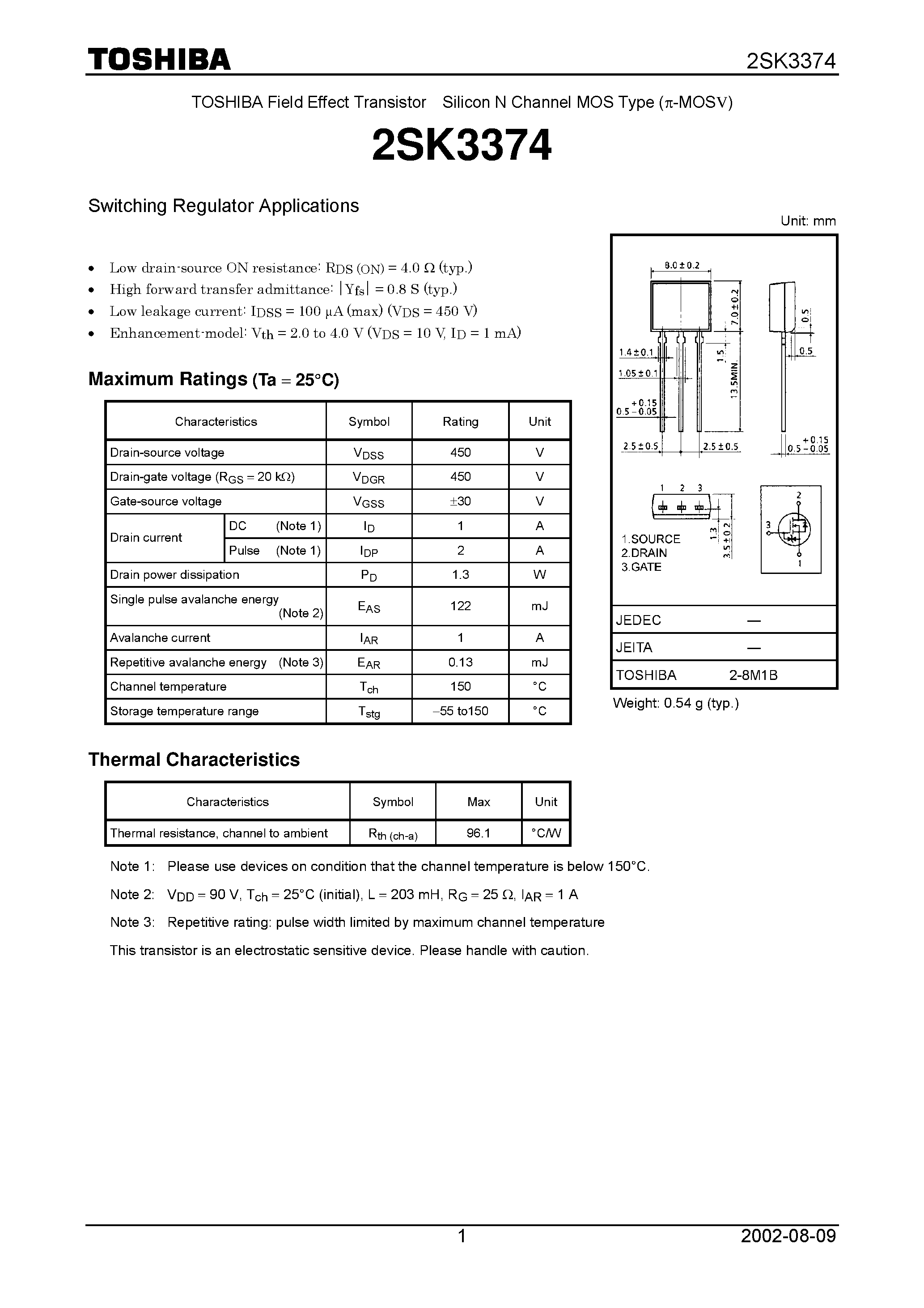 Datasheet 2SK3374 - Field Effect Transistor Silicon N Channel MOS Type page 1
