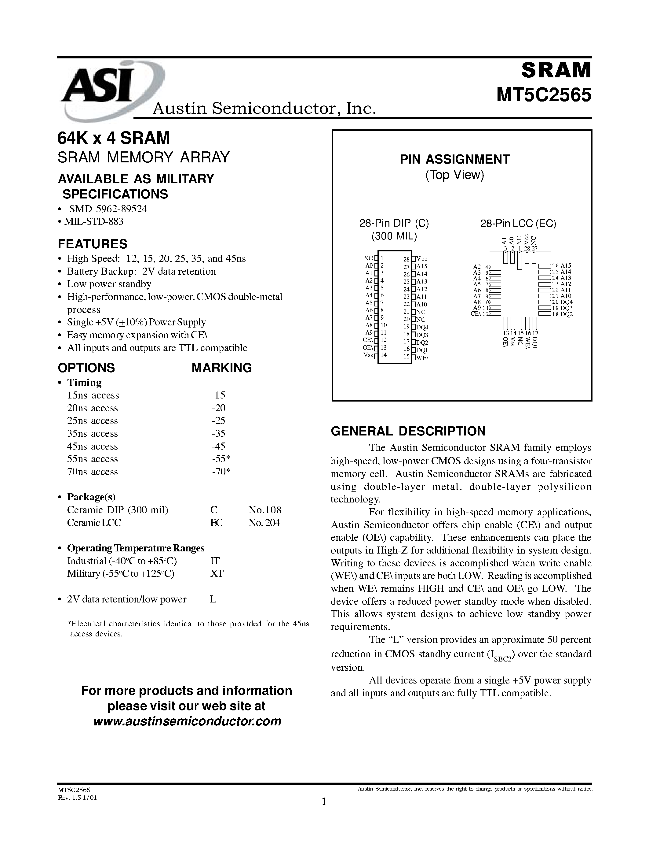 Datasheet MT5C2565 - 64K x 4 SRAM MEMORY ARRAY page 1