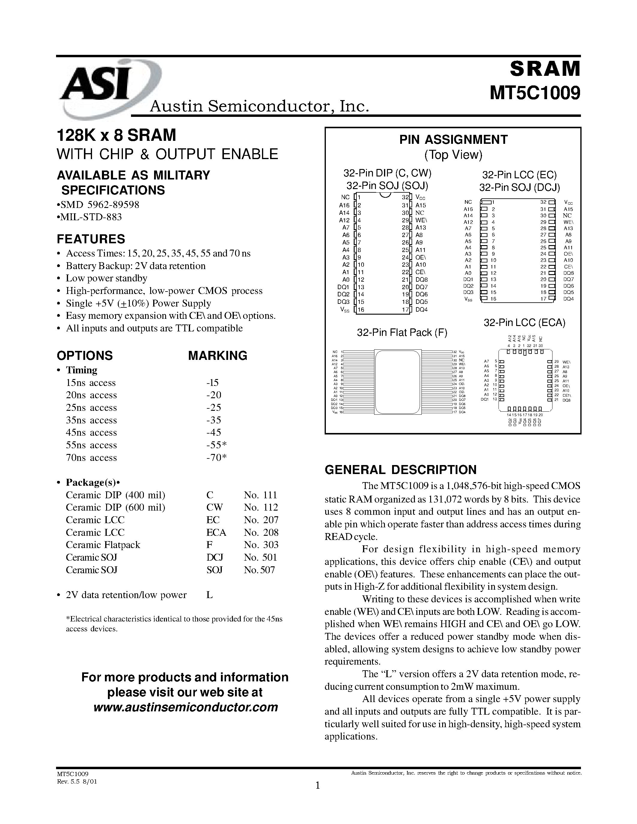 Datasheet MT5C1009 - 128K x 8 SRAM WITH CHIP & OUTPUT ENABLE page 1