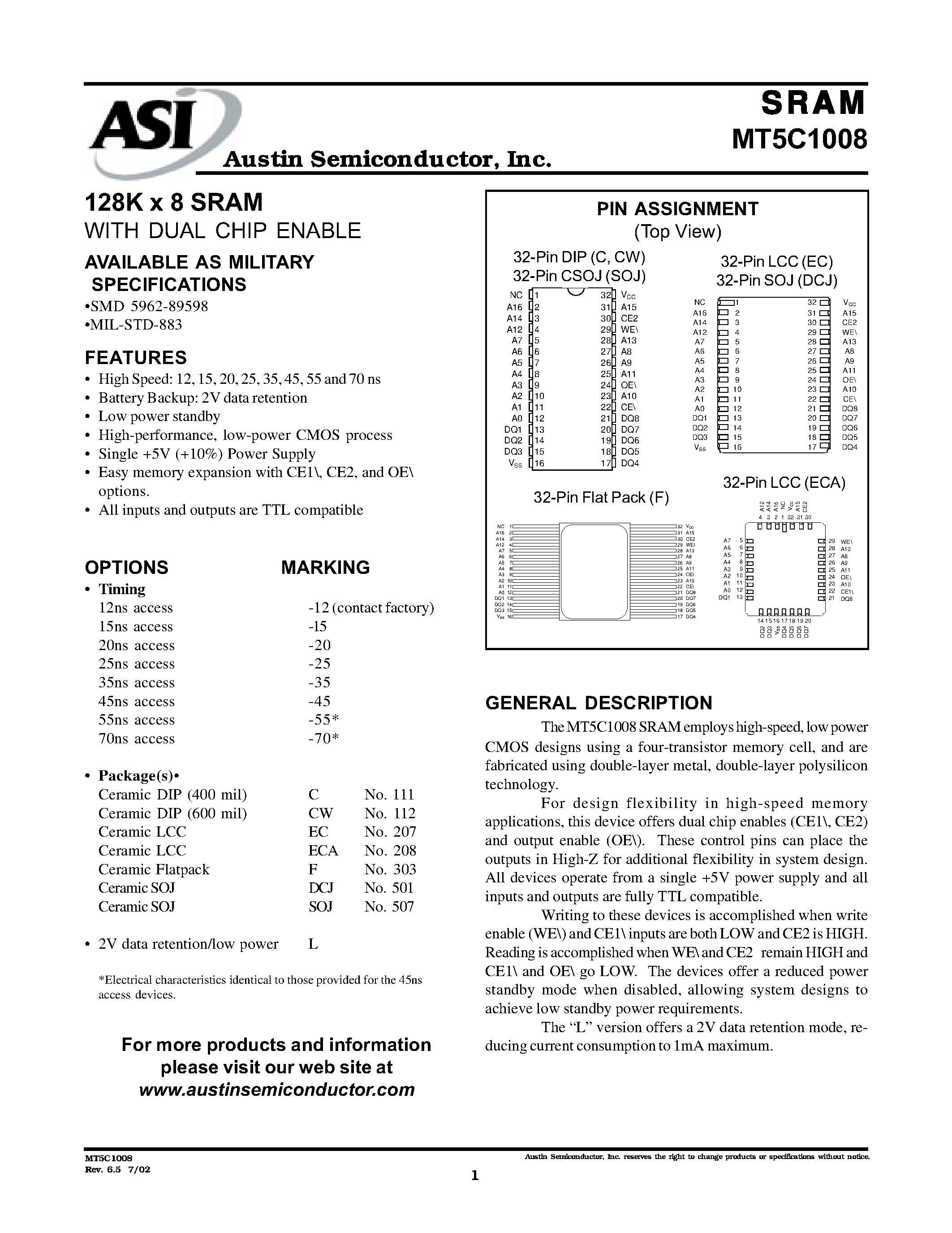 Datasheet MT5C1008 - 128K x 8 SRAM WITH DUAL CHIP ENABLE AVAILABLE AS MILITARY SPECIFICATIONS page 1