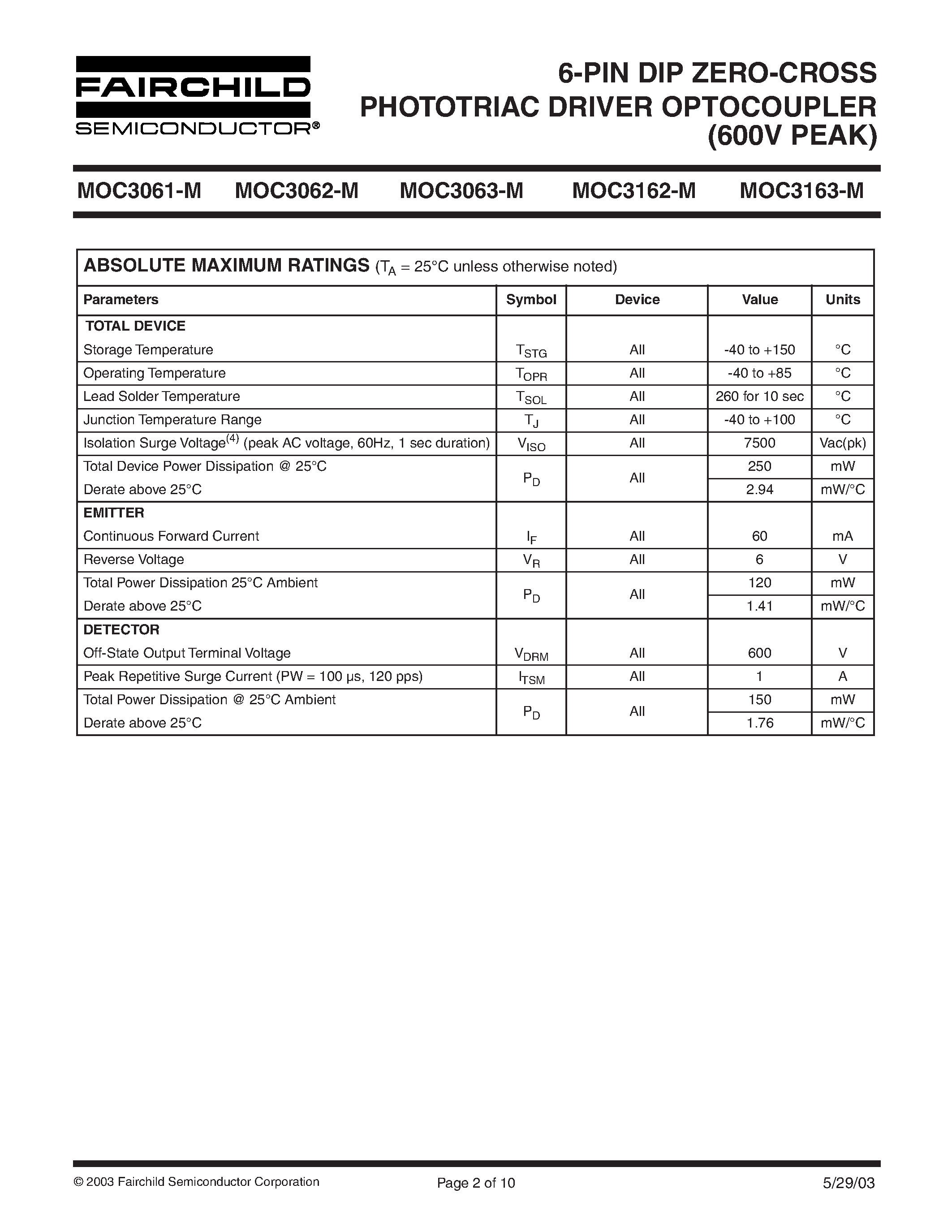 Datasheet MOC3063 - 6-PIN DIP ZERO-CROSS PHOTOTRIAC DRIVER OPTOCOUPLER (600V PEAK) page 2