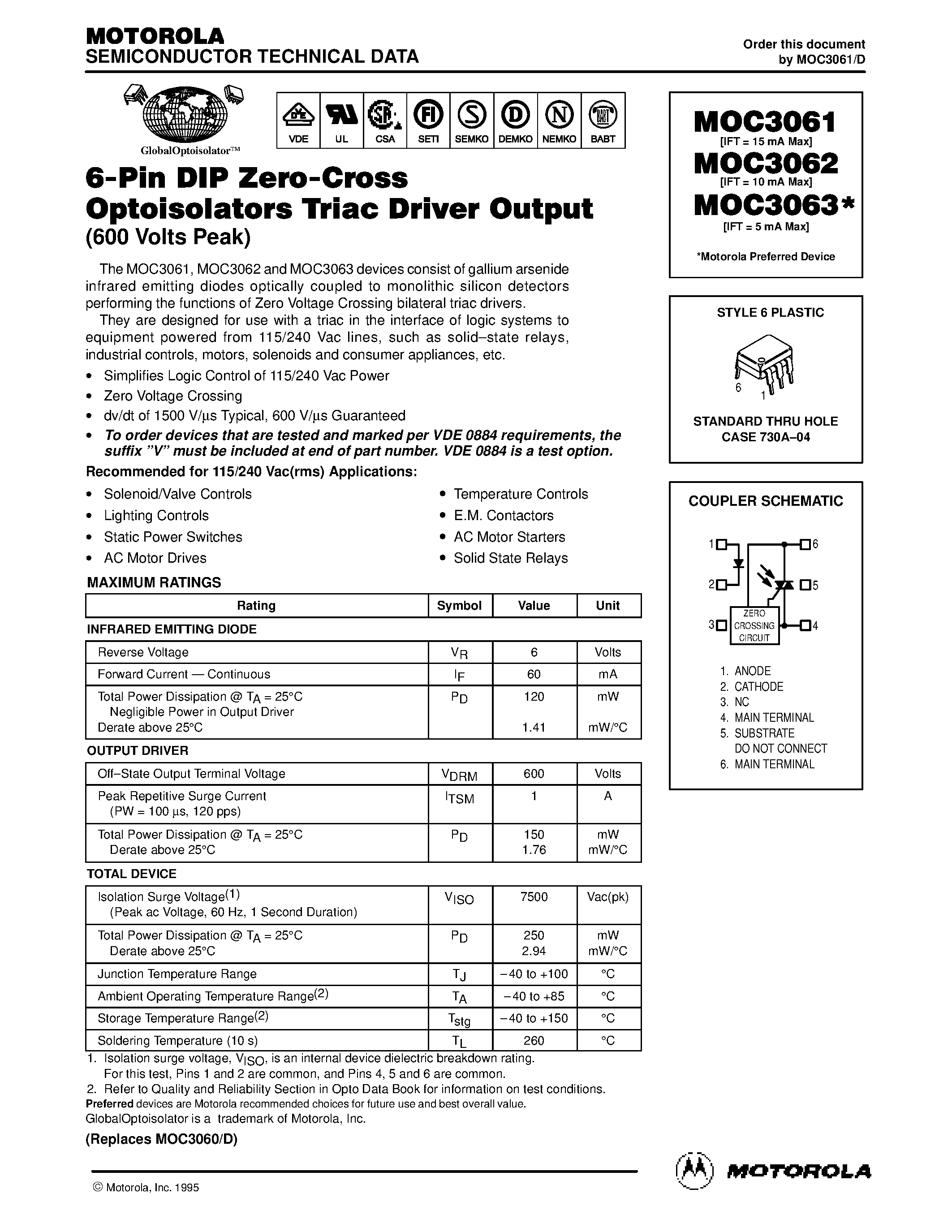 Даташит MOC3062 - 6-Pin DIP Zero-Cross Optoisolators Triac Driver Output страница 1