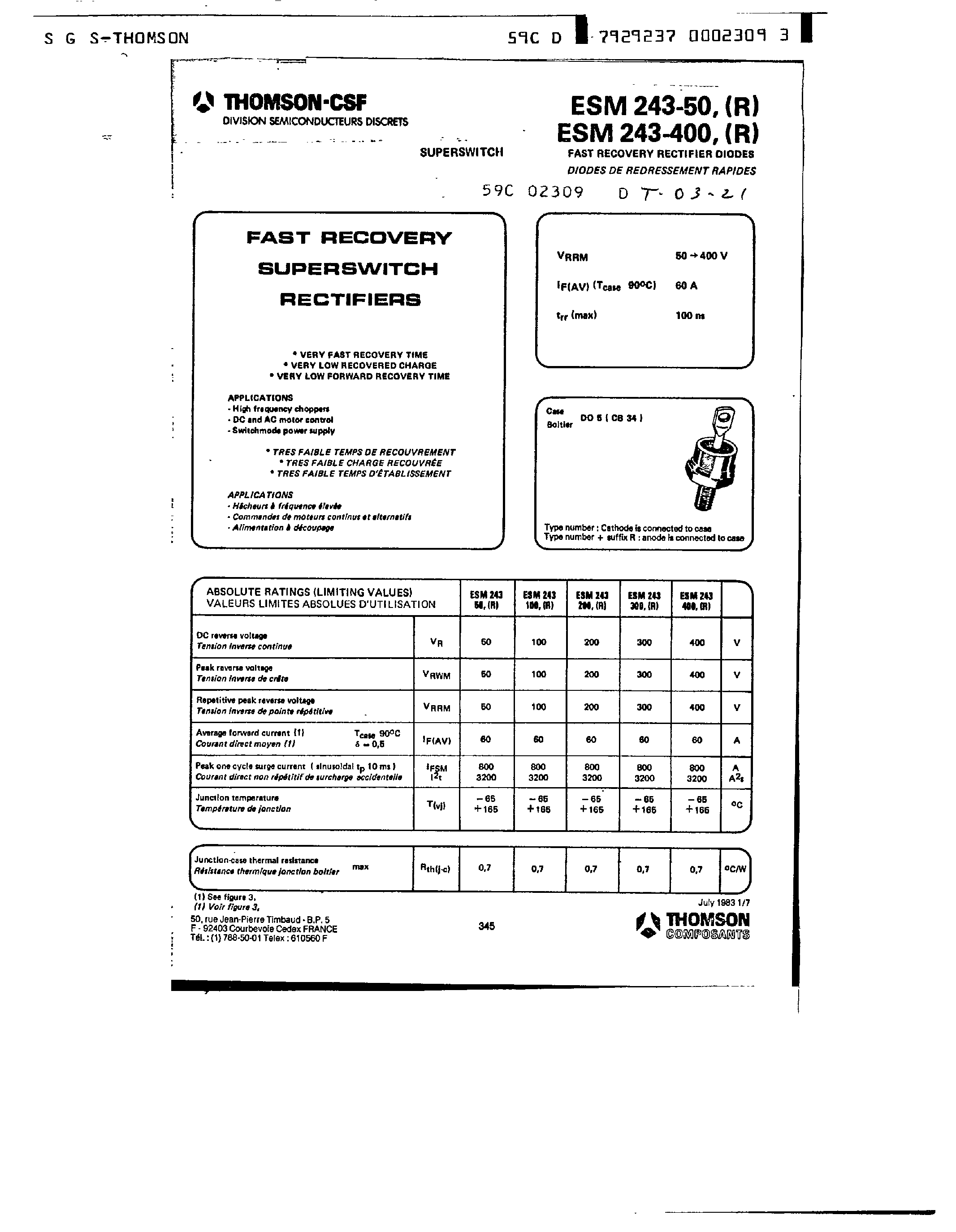 Datasheet ESM243-400 page 1 Datasheet ESM243-400 - Fast Recovery / Superswitch / Rectifiers page 1