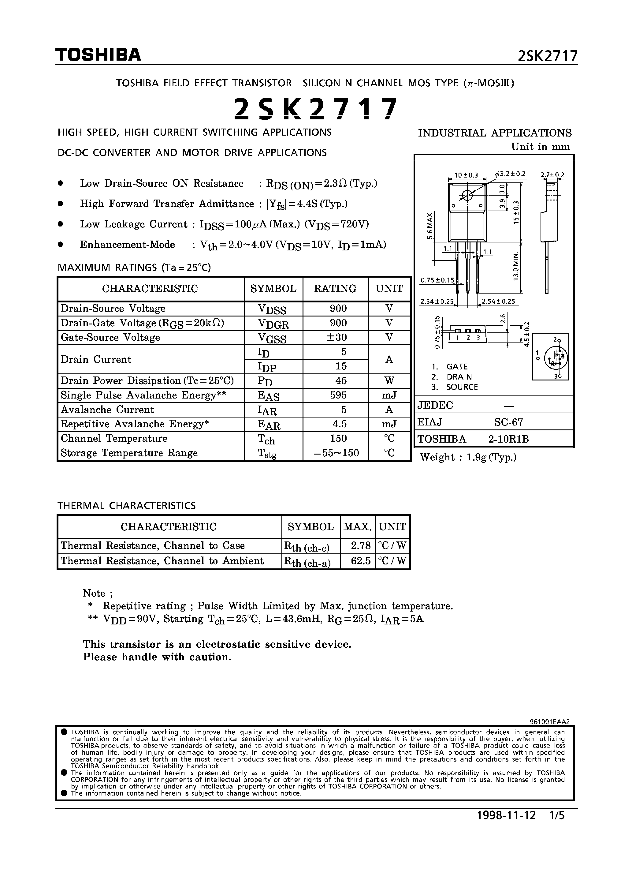 Datasheet K2717 - N CHANNEL MOS TYPE (HIGH SPEED/ HIGH CURRENT SWITCHING/ DC-DC CONVERTER AND MOTOR DRIVE APPLICATIONS) page 1