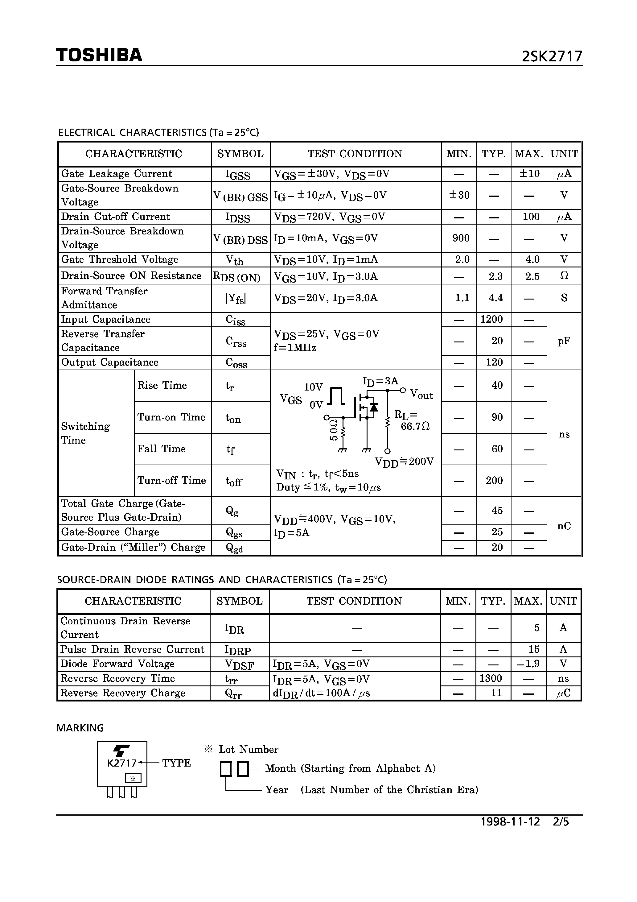 Datasheet K2717 - N CHANNEL MOS TYPE (HIGH SPEED/ HIGH CURRENT SWITCHING/ DC-DC CONVERTER AND MOTOR DRIVE APPLICATIONS) page 2