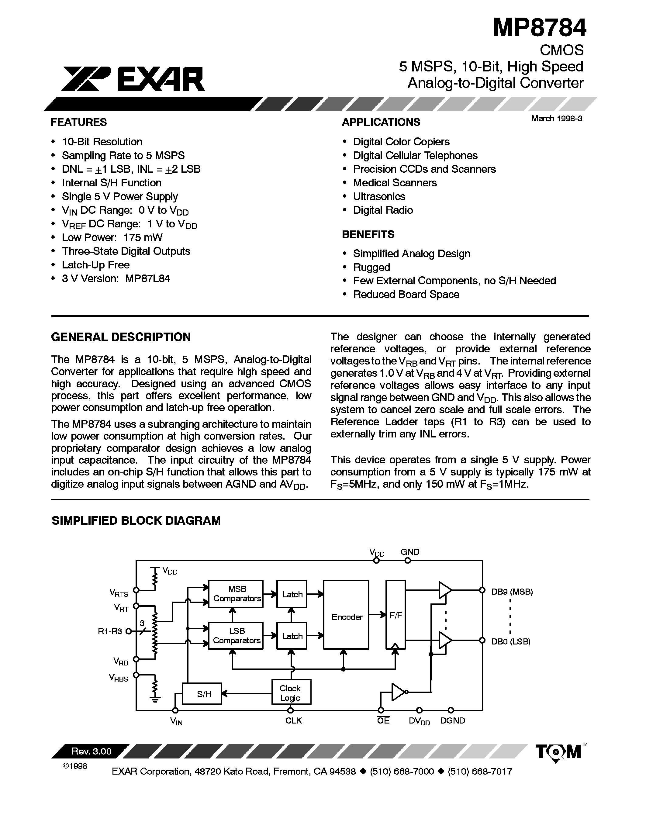Datasheet MP8784 - CMOS 5 MSPS 10BIT HIGH SPEED ANALOG TO DIGITAL CONVERTER page 1