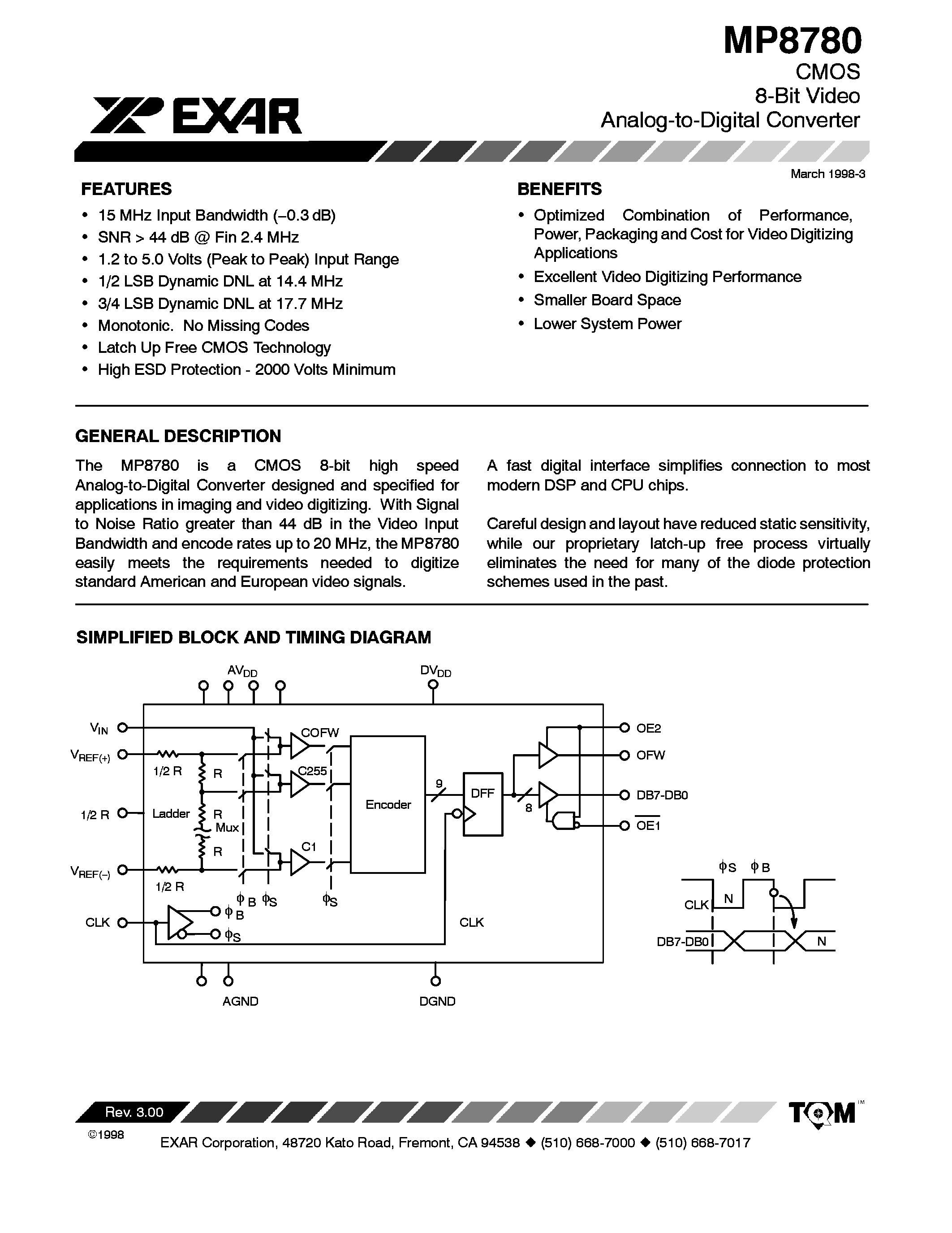 Datasheet MP8780 - CMOS 8 BIT VIDEO ANALOG TO DIGITAL CONVERTER page 1