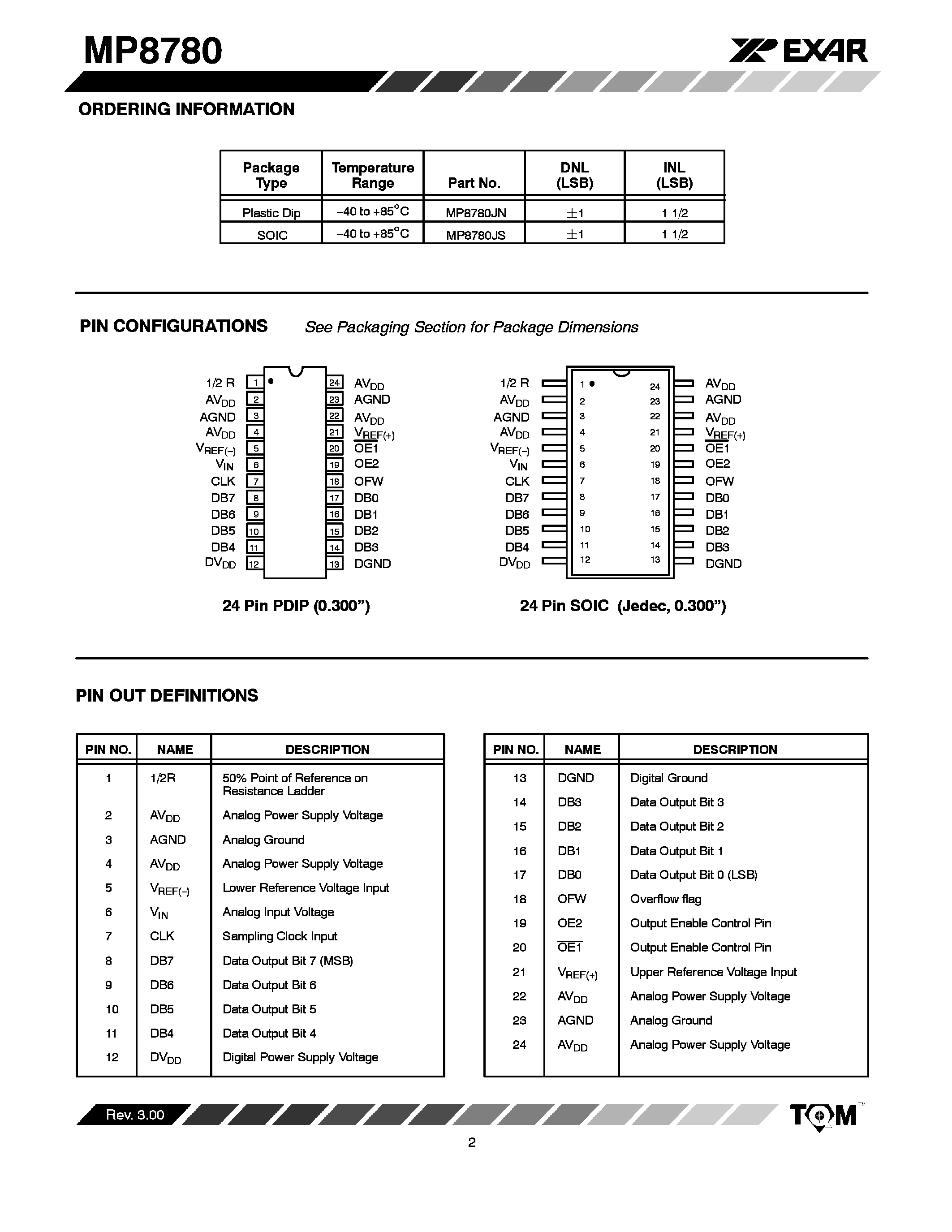 Datasheet MP8780 - CMOS 8 BIT VIDEO ANALOG TO DIGITAL CONVERTER page 2