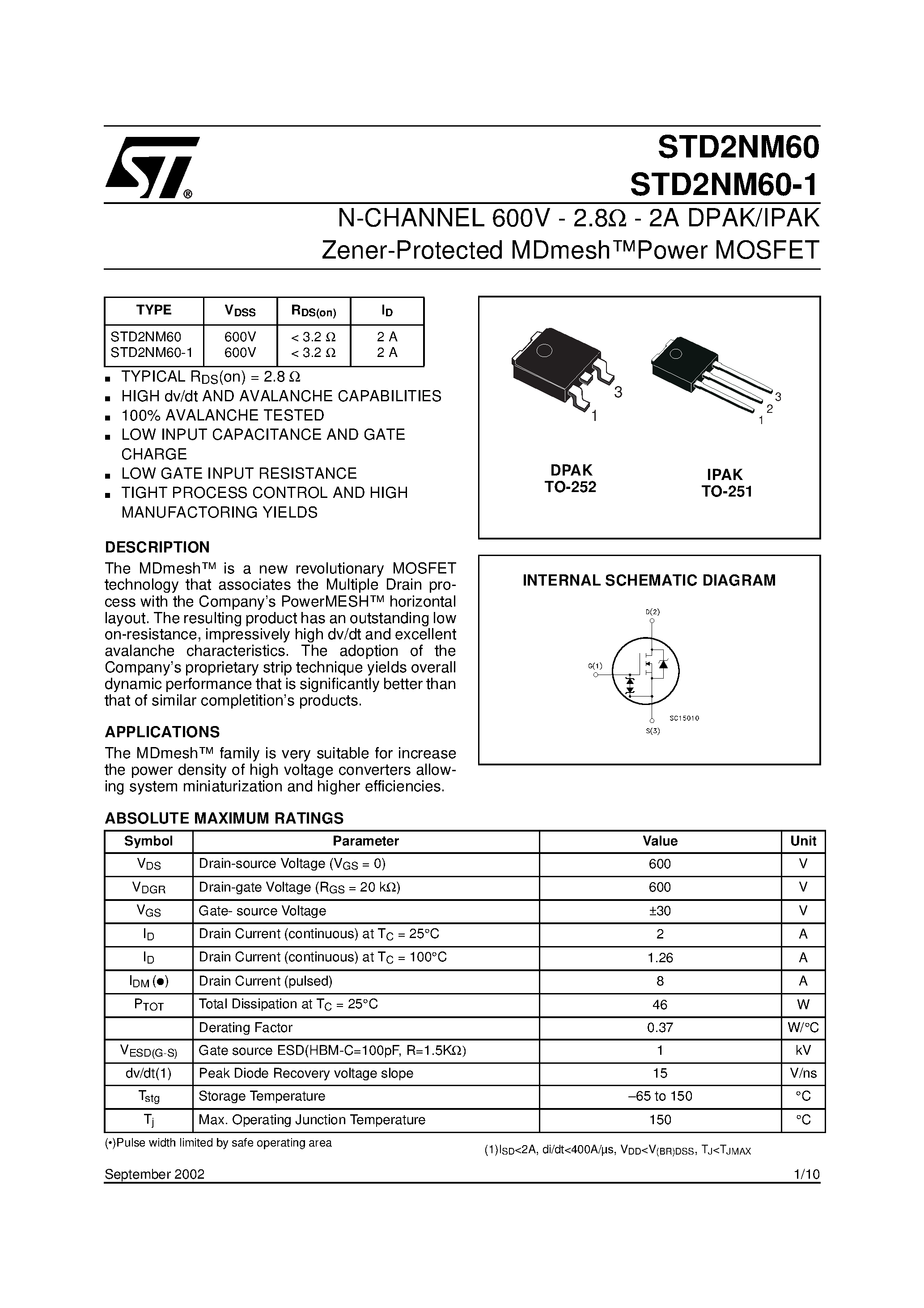 Datasheet STD2NM60 page 1 Datasheet STD2NM60 - N-CHANNEL MOSFET page 1