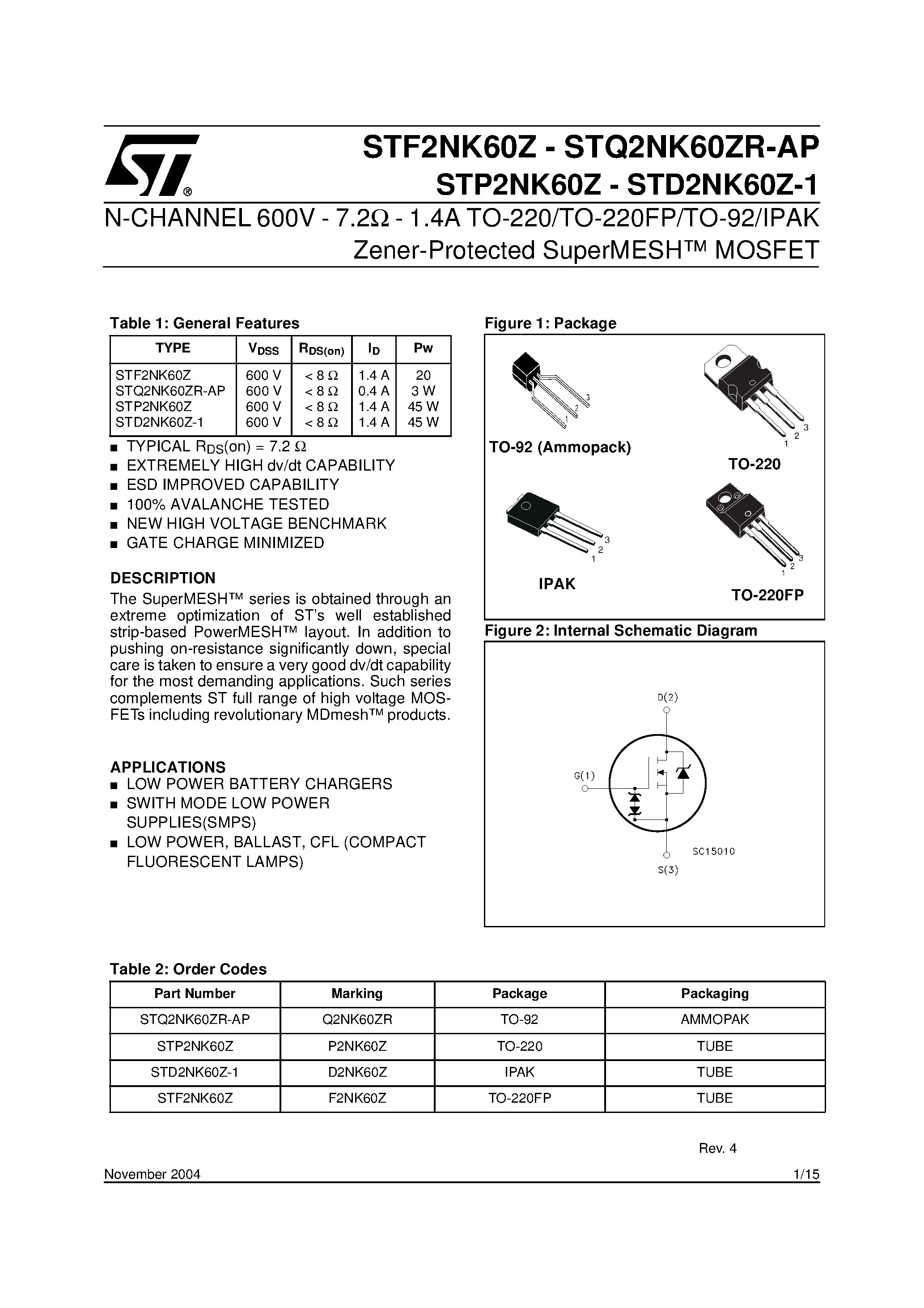 Datasheet STD2NK60Z - N-CHANNEL MOSFET page 1