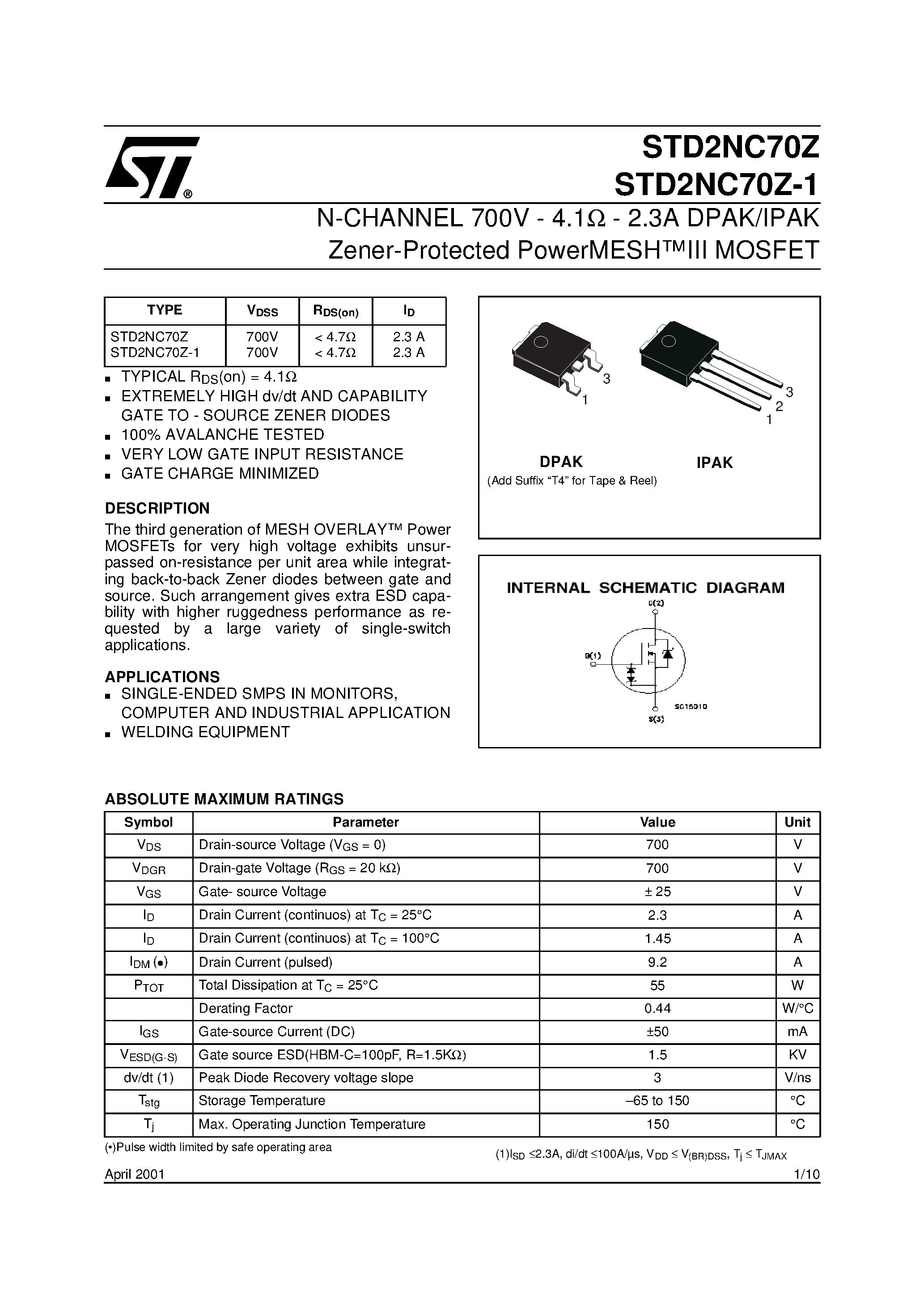 Datasheet STD2NC70Z page 1 Datasheet STD2NC70Z - N-CHANNEL MOSFET page 1