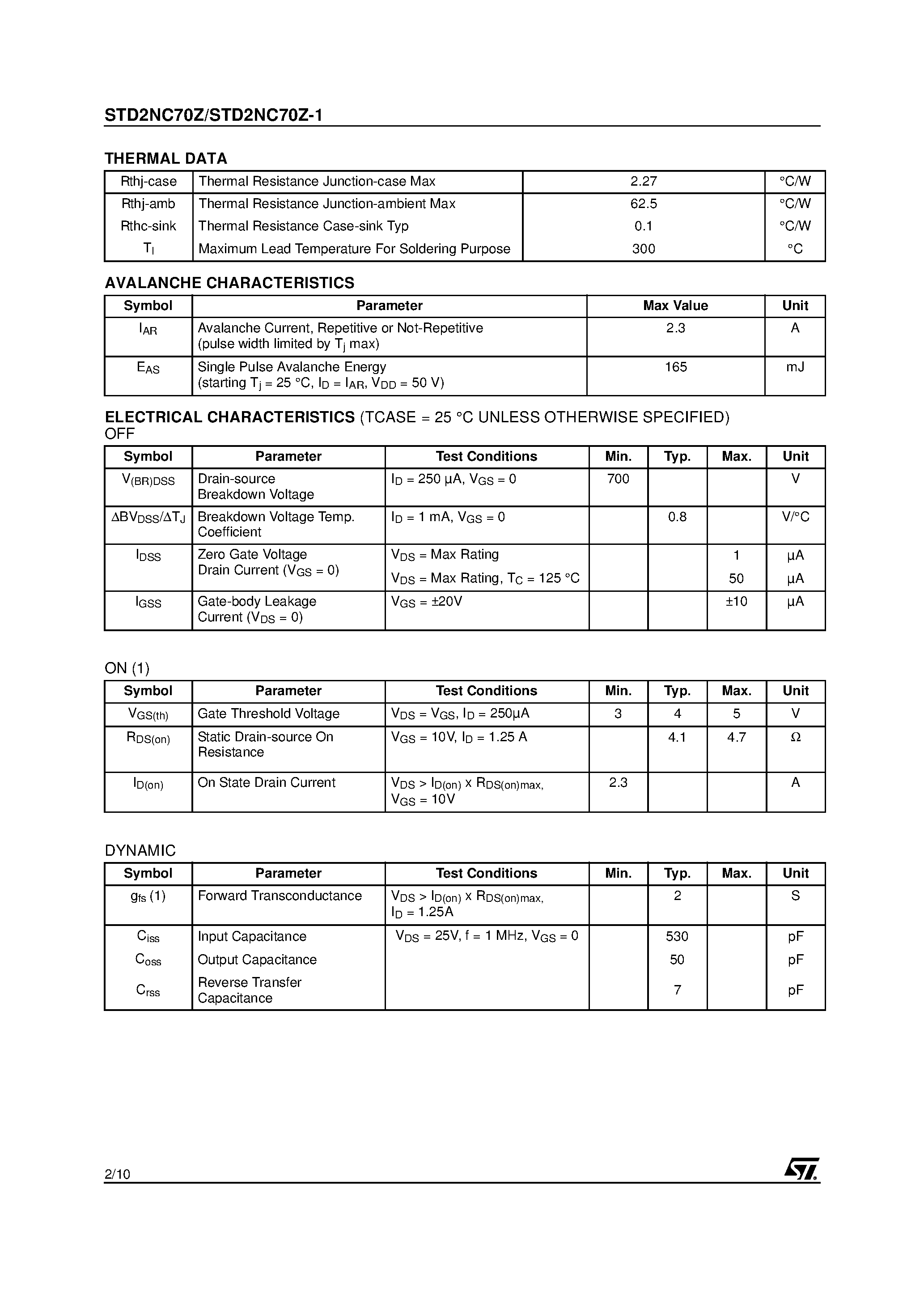 Datasheet STD2NC70Z page 2 Datasheet STD2NC70Z - N-CHANNEL MOSFET page 2