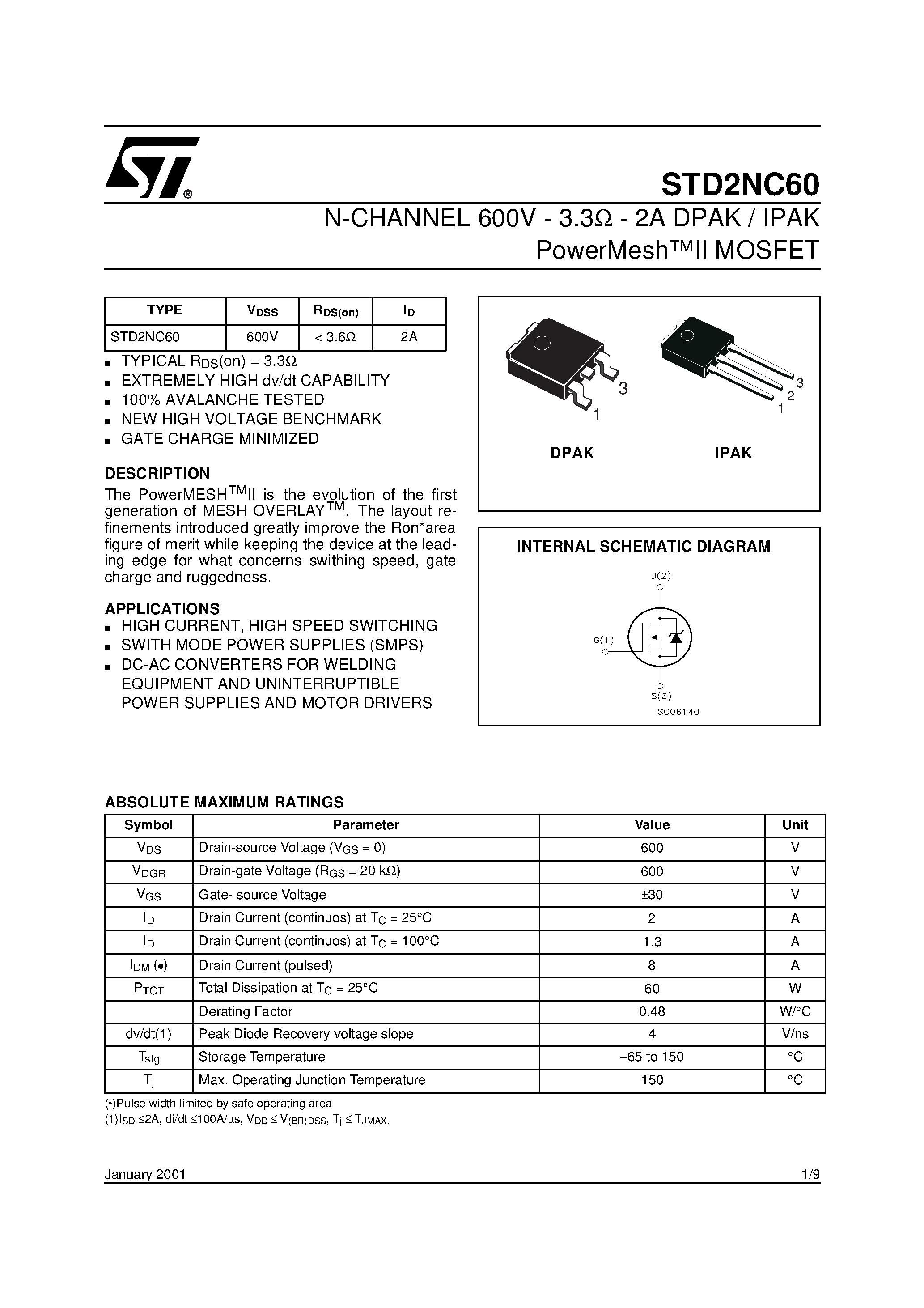 Datasheet STD2NC60 page 1 Datasheet STD2NC60 - N-CHANNEL MOSFET page 1